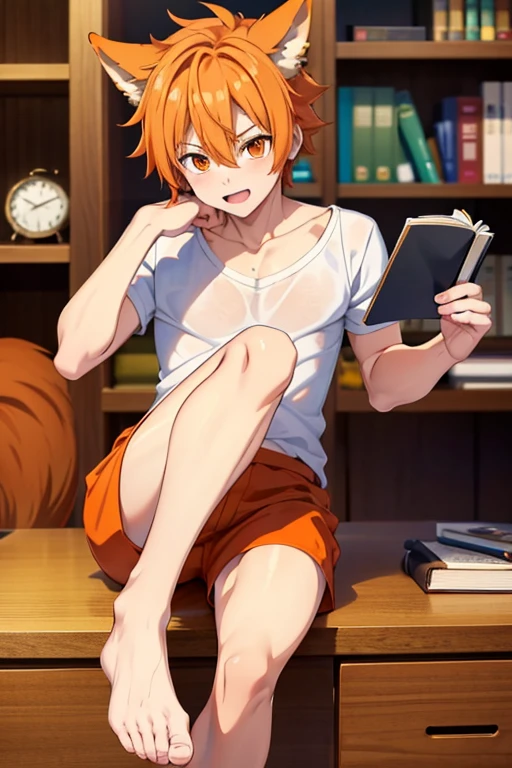 beautiful, masterpiece, simple background, best quality, Edward, tomboy, tan skin, orange hair, spiked hair, brown eyes, goggles on head, midriff, white shirt, loose shirt, off shoulder, barefoot, bike shorts, detailled image, colorfull, vibrant colors, computer screens in the background, detailed face, perfect lighting, pefect shadows, perfect eyes, perfect hands, perfect hair, pefect face, grin, solo, center focus, looking at viewer, navel, IvanFloro, sitting with legs Crisscross