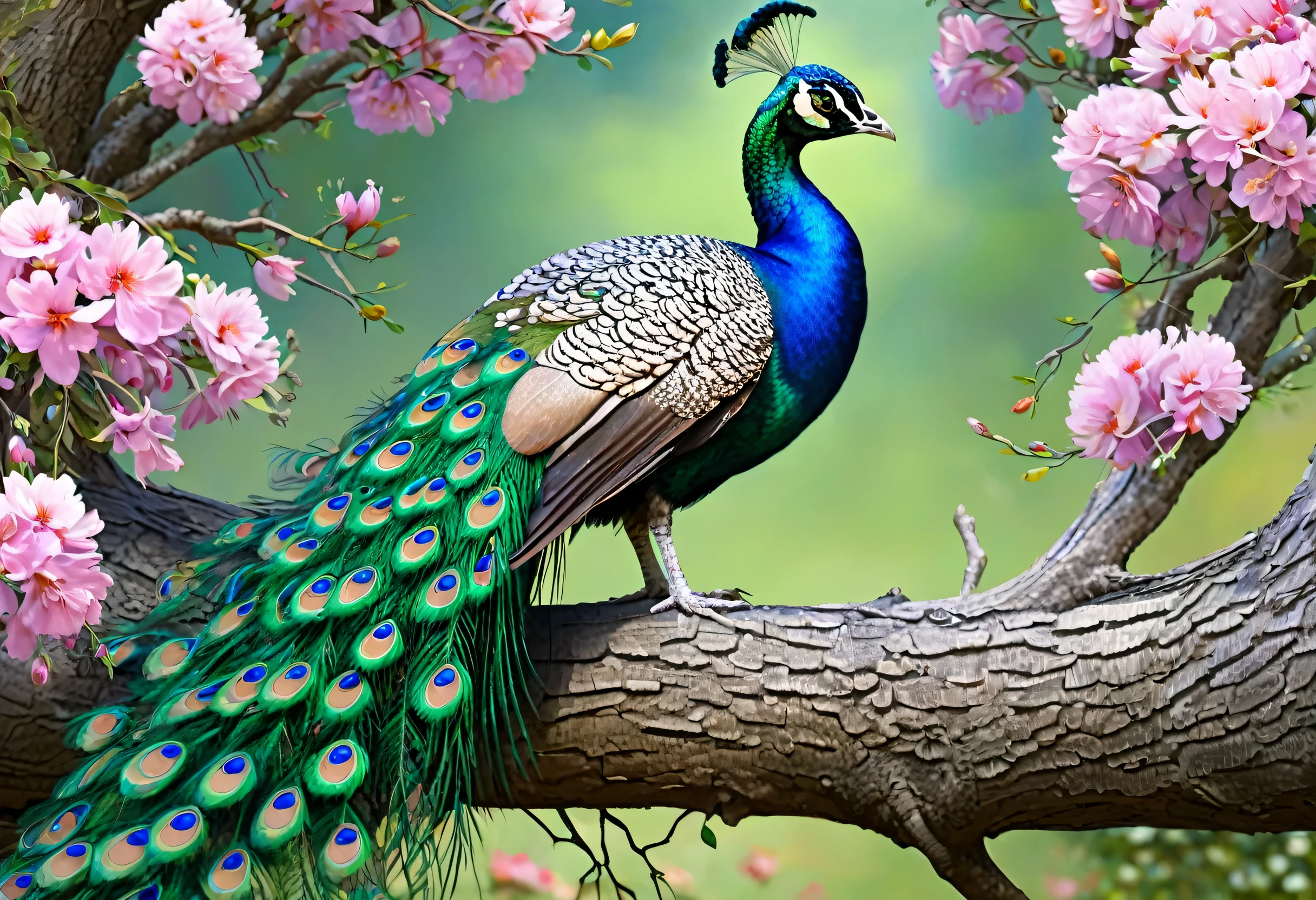 A peacock sitting on a tree branch with flowers in the background, Beautiful digital artwork, very Beautiful digital art, Beautiful digital art, 8k high quality detailed art, beautiful Amazing digital art, Highly detailed digital art in 4K, Highly Detailed 4K HD Wallpapers, Beautiful Art UHD 4K, Amazing digital art, Beautiful digital painting, 
