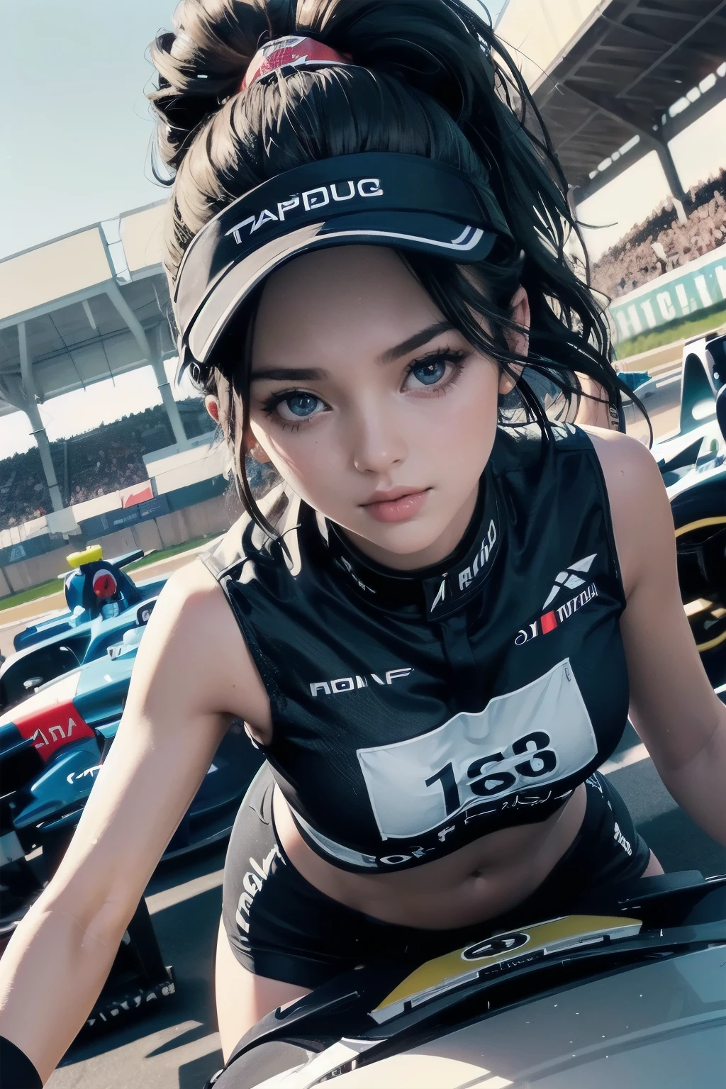 high quality,HD,16,000,sharp lines,1 girl,female f1racer athlete ,Cute face, big bust, good legs,at the race track,focus girl,detailed beautiful face,Detailed clothes,beautiful eyes,cool,dynamic angle