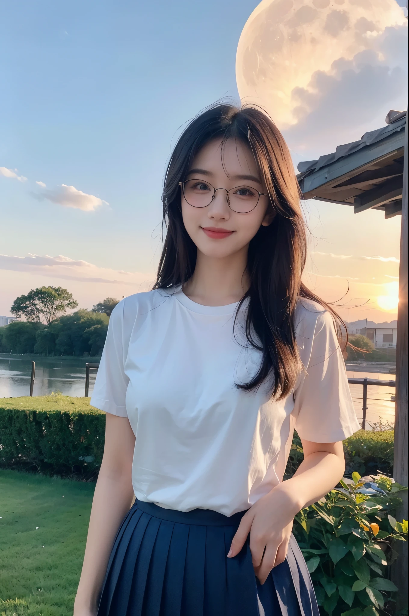 Beautiful illustrations, the best quality, masterpieces, super detailed skin, great details, lifelikeness, photo realism, (HD background: 1.2), (nsfw: 0), (naked: 0), 1 girl, (26 year old girl: 1.2) glasses, light smile, full face powder blusher, (plump), long hair, absurd long air, black hair, big chest, in the garden, tight t-shirt, blue pleated skirt, smile, (sunset, moon, cloud, red sun),