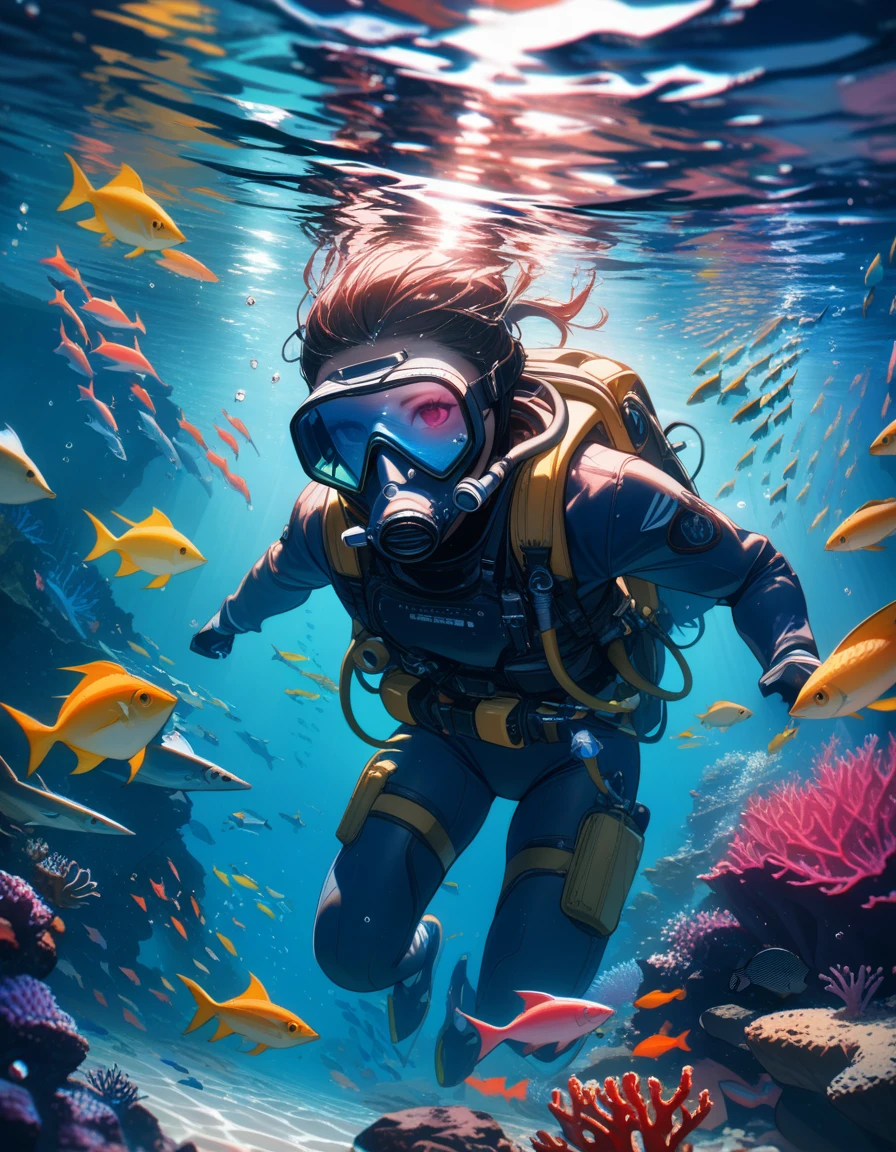 1 Divers, solo, colorful coral reefs, diverse marine life, colorful schools of fish, clear underwater light, water bubbles, diving equipment, mysterious lights, sand on the ocean floor, sunlight shining through the water surface, swimming with fins, underwater rocky areas, Movement of ocean currents, reflection of underwater mask, ((Masterpiece)), ((Best Quality)), (Very Detailed), (Very Detailed)), 4K, (8K), Best Quality, absurdres, highres,