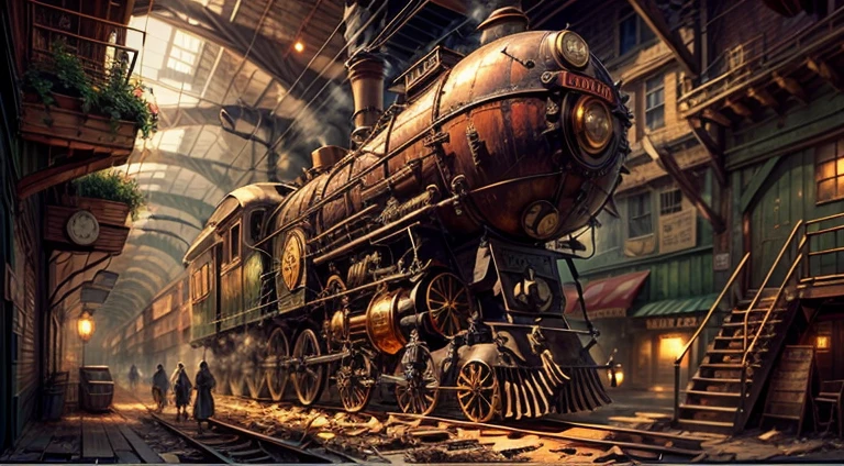 Underground steampunk city,dystopian atmosphere, Fog and mysterious lighting, Vivid and rusty colors, cogs and gears, Industrial Revolution, advanced technology, Dark and dramatic shadows, Complex and detailed architecture, Towering chimneys, Bustling and crowded streets, Airship in the sky, A sense of adventure and exploration, Wonders of the machine, Twisted and distorted shapes, Smoke and polluted air, Clockwork mechanics, Steam engine, Brass and copper materials, Fashion in the Victorian era, Fantasy elements intertwined with steampunk aesthetics, A mix of past and future, Ornate and decorative design, A sense of decline and abandonment, Fantastical creatures roaming the city, Turning gears and humming machines, Feel both awe and danger, A world like no other.