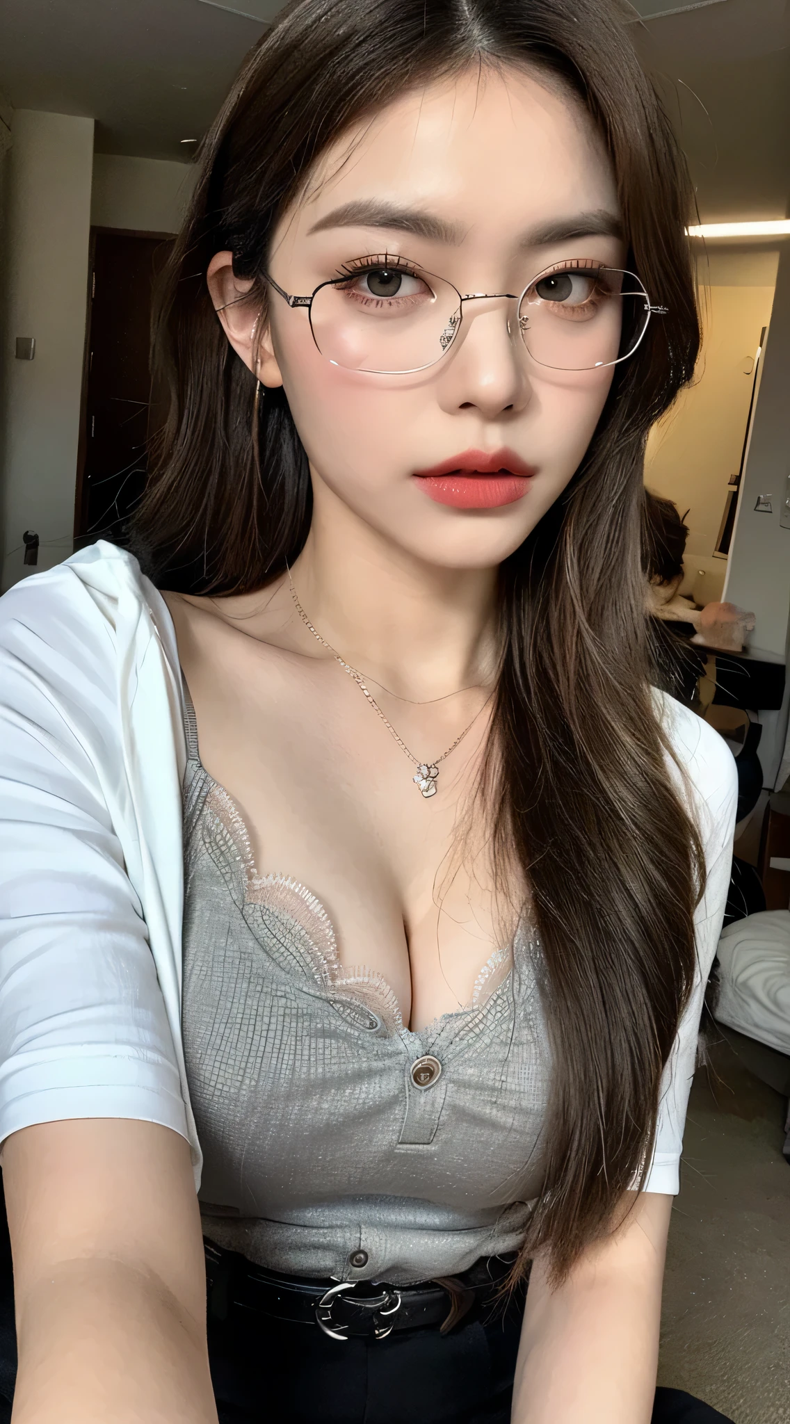 (best quality, high resolution, masterpiece :1.3), A tall woman、Beautiful woman,Multi-angle photography, Dark brown wavy hair, Chest,Lace,Set,Glasses,earphone, Wearing a Pendant, White on-Down Shirt, belt, Black skirt, (modern architecture background), Exquisite details of face and skin texture, Exquisite eyes,God's eyes, Double eyelids,Exquisite makeup,((bend over:2)),bend over,Her eyes are like bright stars,Shining with wisdom and passion