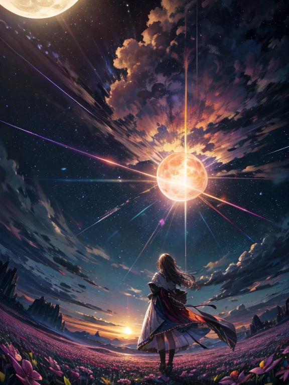 Landscape Photography (Viewed from below, Above, Field below), A girl standing in a flower garden looks up (full moon: 1.2), (meteor: 0.9), (nebula: 1.3), Distant Mountain々, wood々destroys art, (Warm Light: 1.2), (fire Fly: 1.2), Light, Lots of purple and orange, Intricate details, Volumetric Lighting Break (masterpiece: 1.2), ( highest quality), 4K, Super detailed, (Dynamic configuration: 1.4), Rich color and detail, (Iridescent: 1.2), (Shine, Atmospheric lighting), dream-like, Magic, (alone: 1.2)