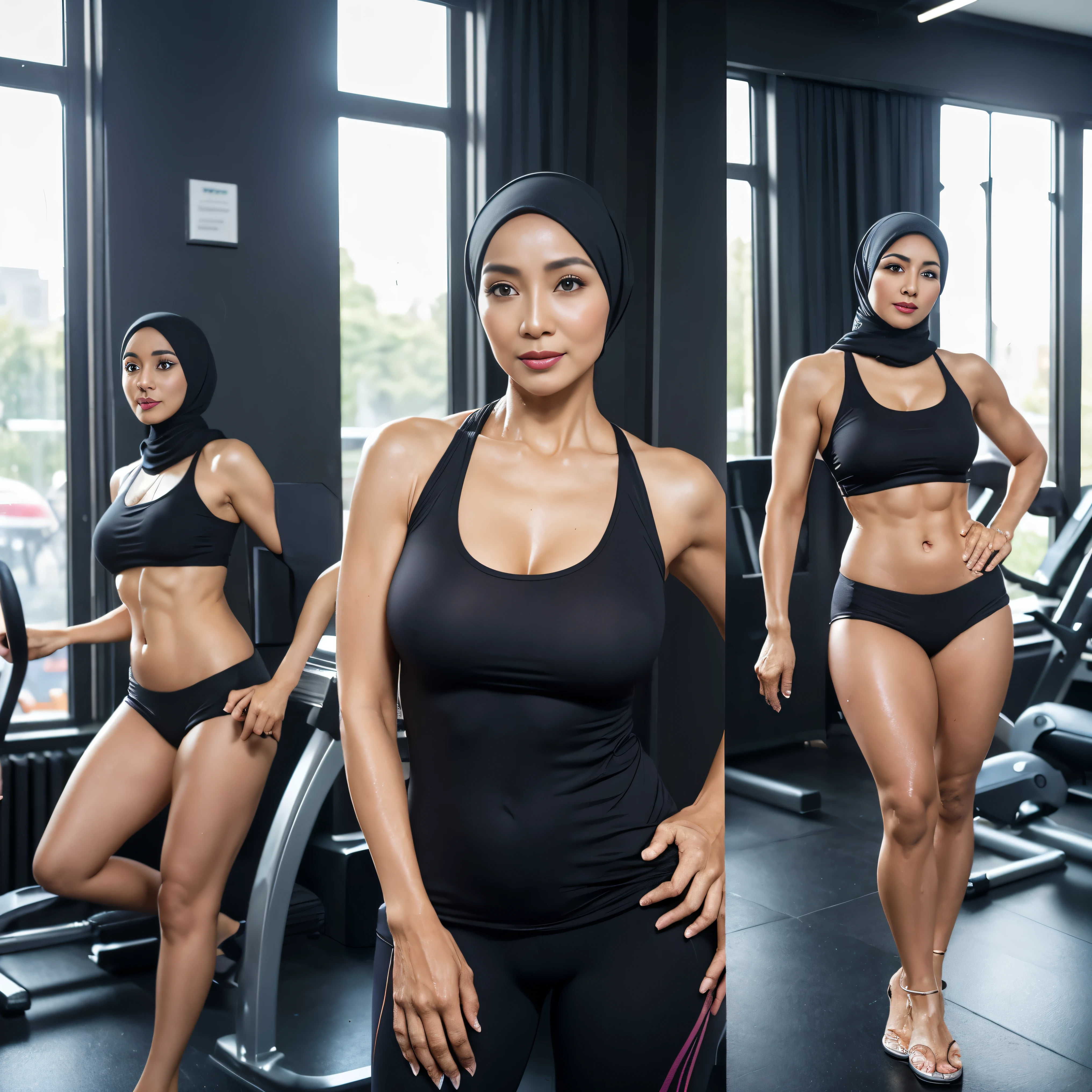 52 years Old, ((Sugar Mama)), ((Beauty Hijab Indonesian Mature woman)), ((Sensual lips)), wet Oily Tanlined through, Droopiest Massive Large Tits, 196 Inches , Tank Top, Fitness Pants, ((Nailing Polish)), Face full of Make up, Full body, Realistic Detailed Perfect abs, at Gym, Dark light, at Day time, Standing.