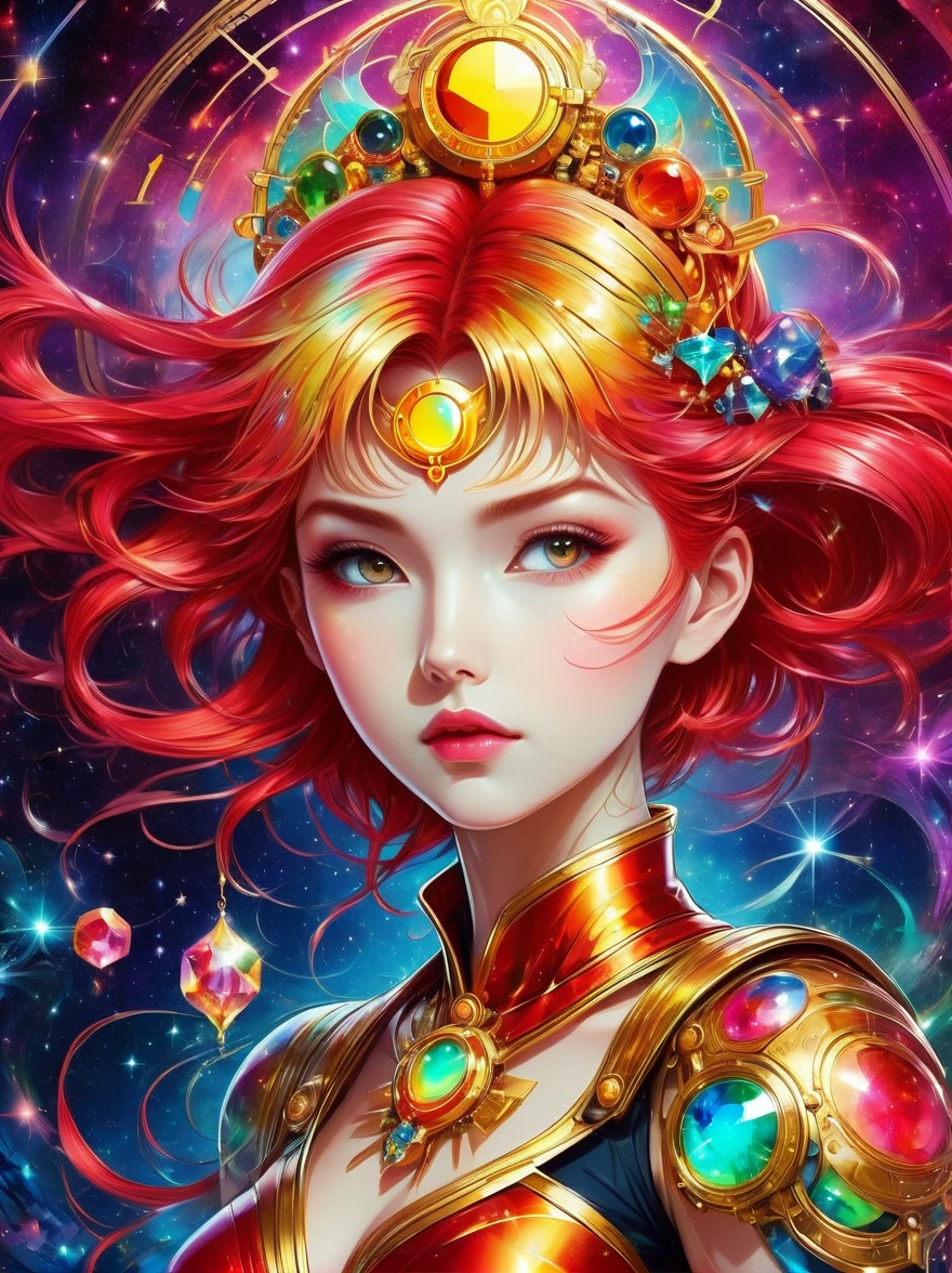 Best quality,very good,8k,absurd,Extremely detailed,Sailor Moon Fighting,Short red messy hair,kaleidoscope,(Cyberpunk:0.7),Steampunk,Dieselpunk and clockpunk,kaleidoscope采用热粉色,Made of shiny gold plated and shiny silver plated,Broken sparkling colored gemstones,Mixed Art,Mixed Art,Fractal Art,Zentangle Art,Design Art,Wonderful and mysterious,Fantasy World Pictures,A diverse visual style that incorporates a variety of artistic elements,Includes glittery rainbow pastels and bright colors