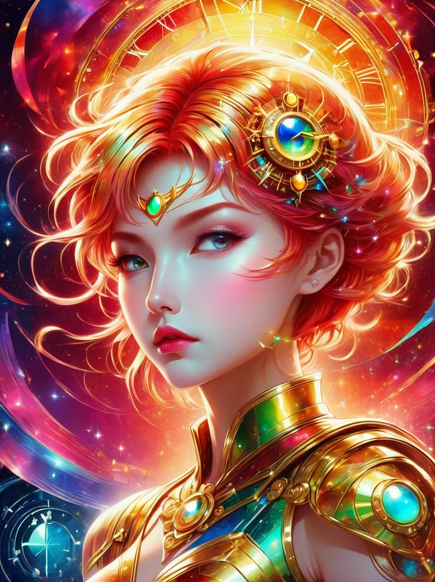 Best quality，very good，8k，absurd，Extremely detailed，Sailor Moon Fighting，Short red messy hair，kaleidoscope，(Cyberpunk:0.7)，Steampunk，Dieselpunk and clockpunk，kaleidoscope采用热粉色，Made of shiny gold plated and shiny silver plated，Broken sparkling colored gemstones，Mixed Art，Mixed Art，Fractal Art，Zentangle Art，Design Art，Wonderful and mysterious，Fantasy World Pictures，A diverse visual style that incorporates a variety of artistic elements，Includes glittery rainbow pastels and bright colors