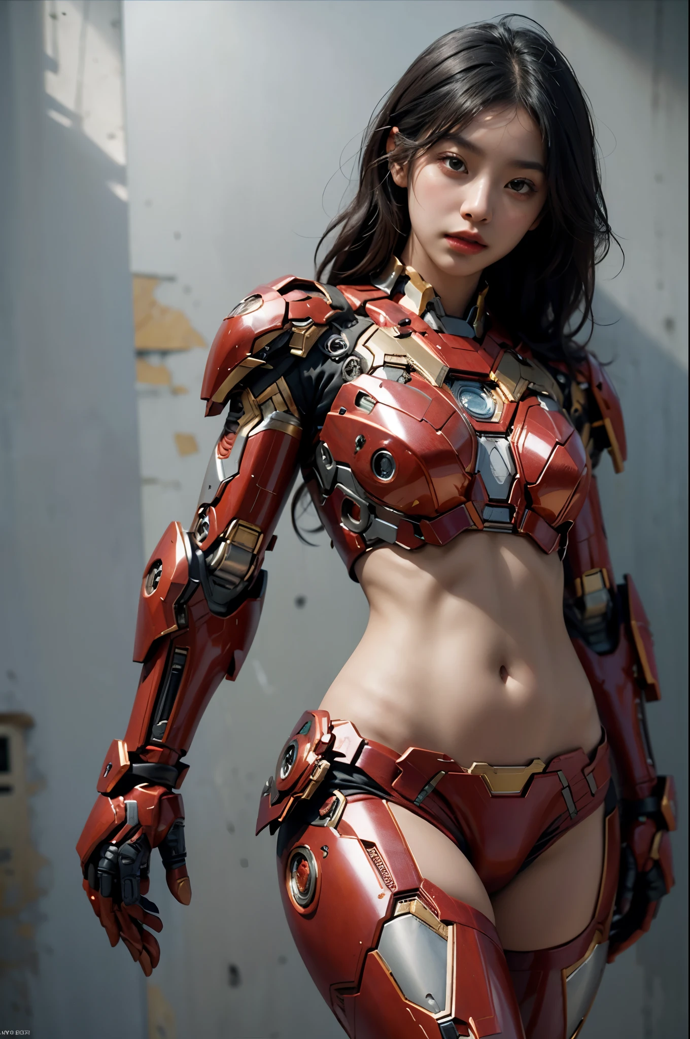 1girl Wearing Iron Man mecha,Like Iron Man, revealing a sexy lower abdomen, with full body metal armor, bare belly, belly open, Completely exposed abdomen,midriff,stomach,beautiful girl, super high resolution (photorealistic: 1.4), cosmetics, ground stay, realism, cinematic lighting, ray tracing, anatomically correct, textured skin, High Detail, Award Winning, Best Quality, 8K, Super Detailed, Stunningly Beautiful,, Dynamic Poses, Refined Faces, Vibrant Eyes, High Detailed Skin, Realistic Skin Details, Visible Pores, Sharp Focus, Volumetric Fog , 8k Ultra HD, DSLR, High Quality, Real Skin, Photo Realism, Photography,