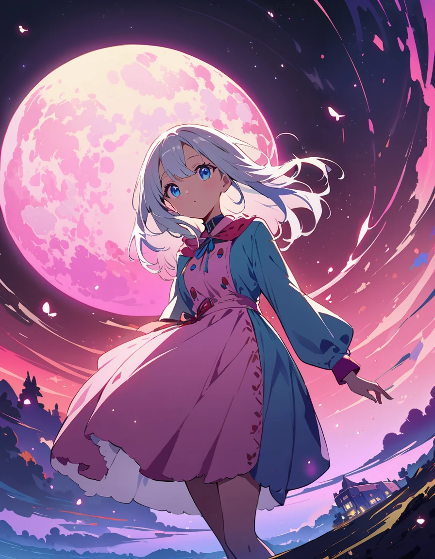 1 girl,Silver Hair、(Pink Moon:1.5、full moon)、(full moonを見ている,Looking into the distance:1.2)、Full Body、(highest quality、masterpiece、High resolution、detailed)、animeスタイル、Flat Style、(Beautiful Eyes, Delicate and beautiful face), BREAK,floating, (High saturation), (Shine), Focus on the face, extremely detailed、(The Shining), Best lighting, Best Shadow、Fantastic midnight background、Dynamic Angle、anime