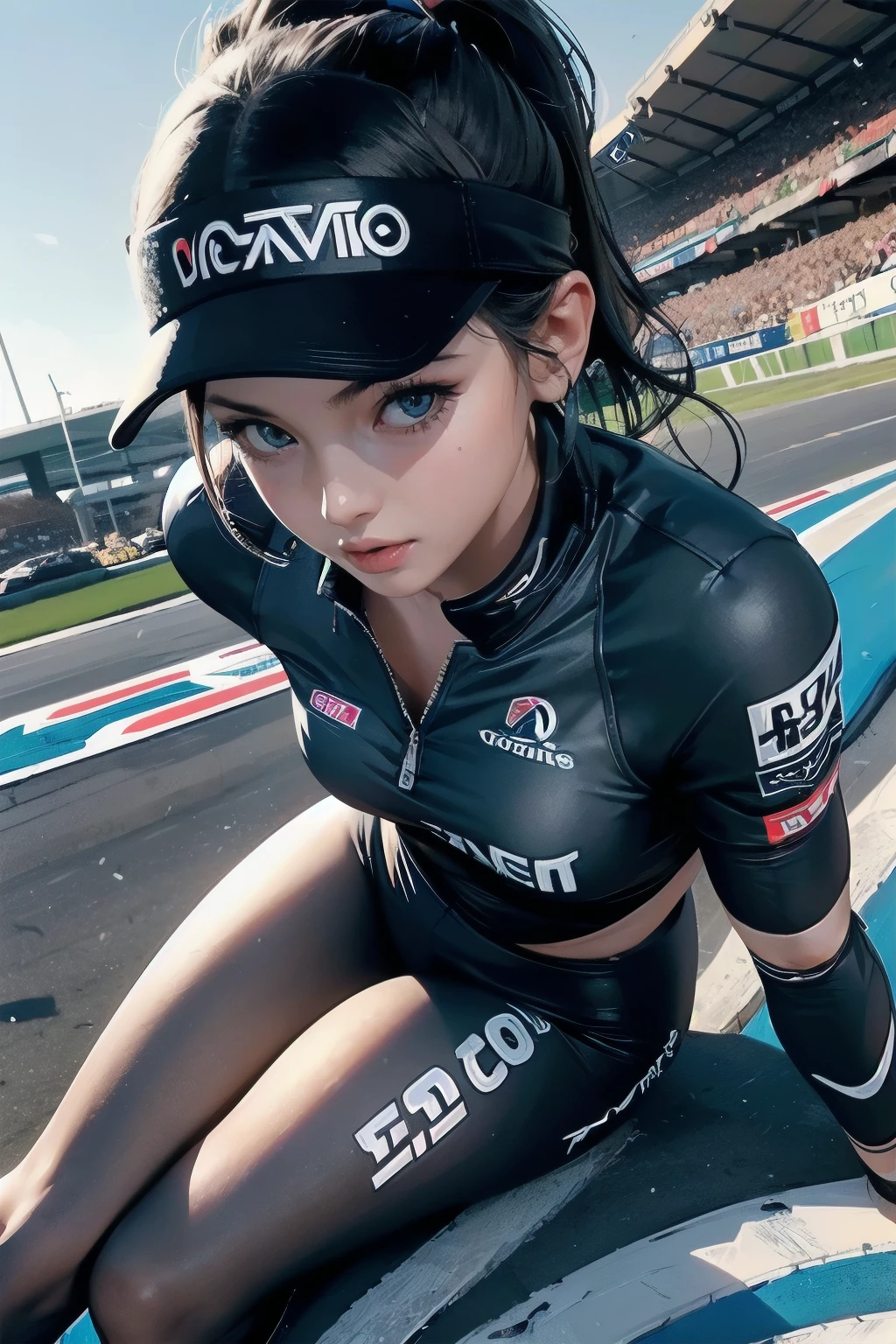 high quality,HD,16,000,sharp lines,1 girl,female f1racer athlete ,Cute face, big bust, good legs,at the race track,focus girl,detailed beautiful face,Detailed clothes,beautiful eyes,cool,dynamic angle