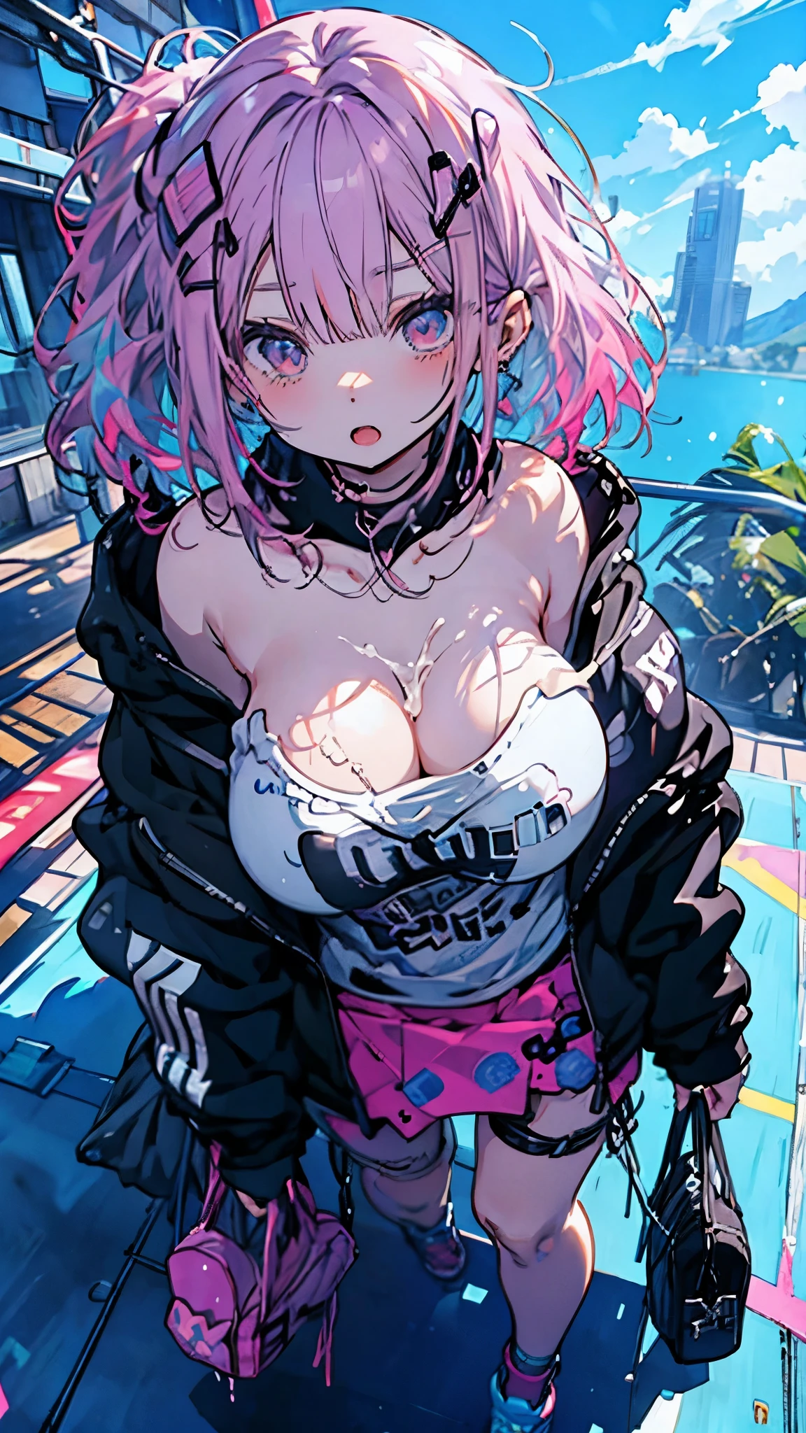 masterpiece, best quality, (anime screencap:1),(illustration), cute,(simple:1), (anime:1.2),solo sharp focus, cleavage,looking at viewer, japan,beach,hentai, open mouth,pink hair ((black mini skirt)),(topless:1.5),standing,see-through,(nsfw:1), (huge breasts:1),(cum:1.3)