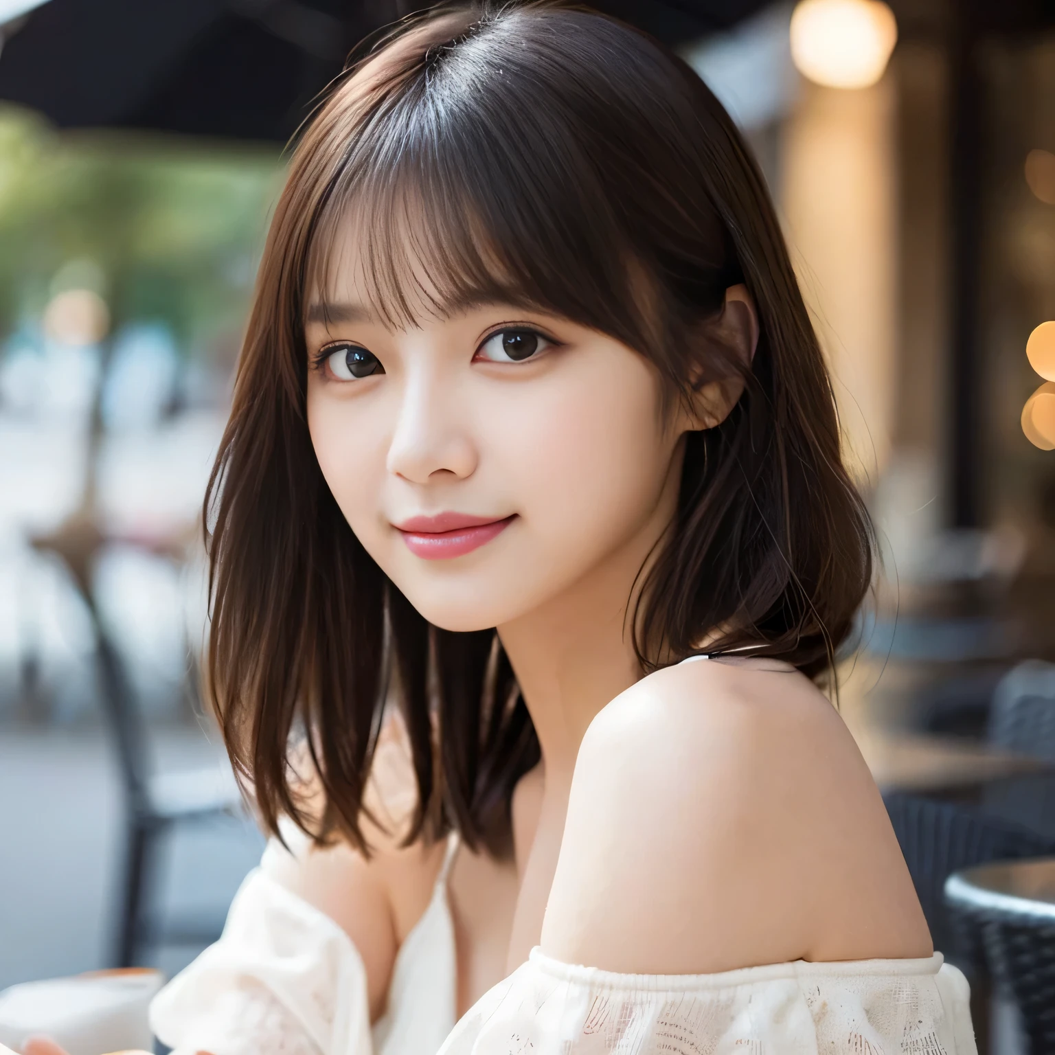 (highest quality:1.5)、(Realistic:1.5)、(1 person:1.5)、Very detailed、finely、High resolution、8k wallpaper、Perfect dynamic composition、Small breasts、Natural color lip、Cute smile、Japanese women、20-year-old girl、Beautiful and elaborate face、Perfect and beautiful face、Beautiful and detailed、Big eyes、Brunette eyes、Beautiful and elaborate face、Perfect and beautiful double eyelids、Natural Bangs、Beautiful thin nose、Beautiful Skin、Maroon brown hair、Medium Bob Hair、Short Hair、Natural Bangs、Open Cafe、Terrace seats、Perfect and beautiful face、Natural pose、Slim face and figure、(looking at the camera)、Bright lighting、Professional Lighting、front lighting、Bold sexy pose、Natural smile、Cold Shoulder、Halter Shoulder、Beautiful clavicle、(A sexy shot of her looking straight at the camera)、