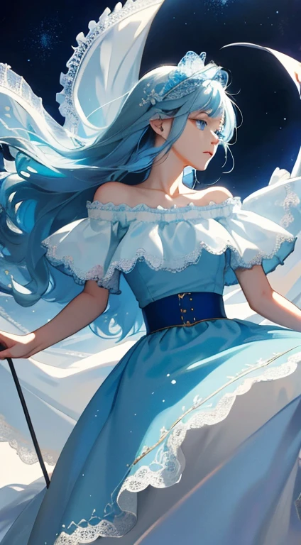 high quality,masterpiece,Delicate facial features,Delicate Hair,Delicate eyes,2D Girl,Long light blue hair,Blue colored eyes,Skirt with ruffles,blue and white lace dress,Dreamy Style, Fantasy style clothing, The outfit is blue and white and off-the-shoulder.,Blue and white belt,Blue short skirt,Infinite Details,the ratio is correct,Picture quality: HD,Half Body,8Kのhigh qualityで詳細なアート(Delicate facial expression)(Delicate depiction of hair)(最high quality)(マスターのmasterpiece)(High degree of perfection)(atmosphere)8k wallpaper,masterpiece,The best quality at its best,Super detailed