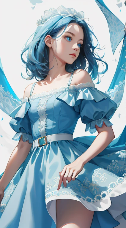 high quality,masterpiece,Delicate facial features,Delicate Hair,Delicate eyes,2D Girl,Long light blue hair,Blue colored eyes,Skirt with ruffles,blue and white lace dress,Dreamy Style, Fantasy style clothing, The outfit is blue and white and off-the-shoulder.,Blue and white belt,Blue short skirt,Infinite Details,the ratio is correct,Picture quality: HD,Half Body,8Kのhigh qualityで詳細なアート(Delicate facial expression)(Delicate depiction of hair)(最high quality)(マスターのmasterpiece)(High degree of perfection)(atmosphere)8k wallpaper,masterpiece,The best quality at its best,Super detailed