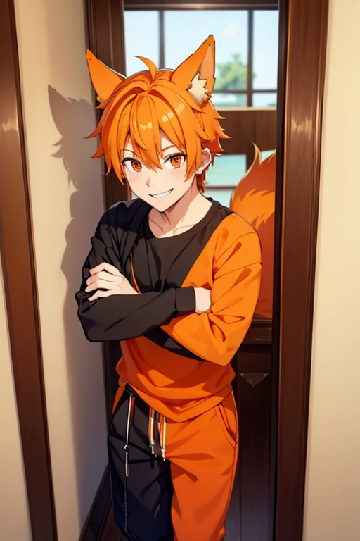 an orange haired male student with orange eyes and orange fox ears and an orange fox tail in a magical  is smiling while leaning on a door frame