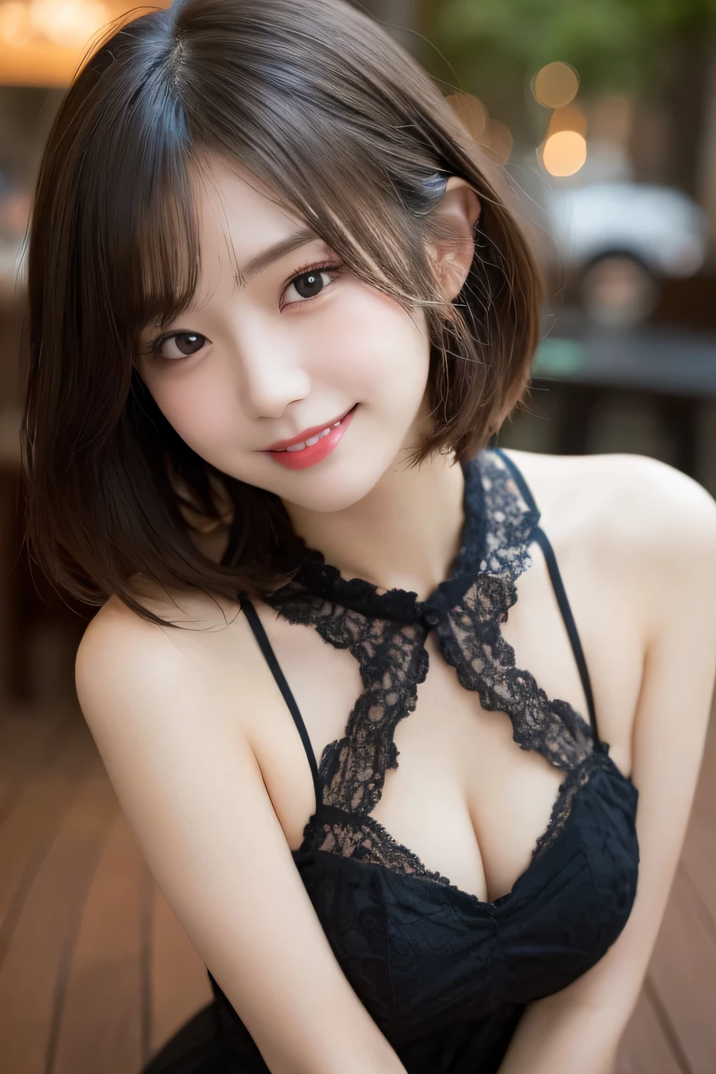 Tabletop, highest quality, figure, Very detailed, In detail, High resolution, 8k wallpaper, Perfect dynamic composition, Beautiful fine details, Women's fashion,Very short hair,small breast natural color lip, Bold sexy pose,smile,Harajuku、20-year-old girl、cute、sexy shot looking at camera