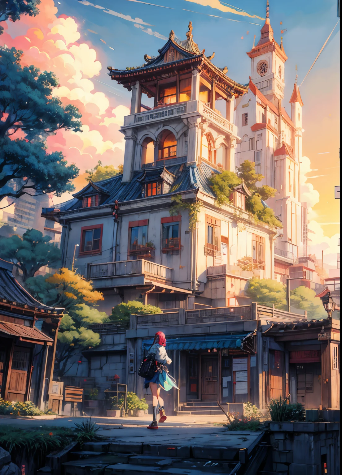 Anime – style illustration of a woman walking in front of a building, Gweiz style artwork, Atei Gailan 8K, Lo-fi art style, Sylvain Sarail, inspired Sylvain Sarail, Sylvain Salaira, Andreas Rocha Style, Inspired by Atei Gailan, Atei Gailan Style