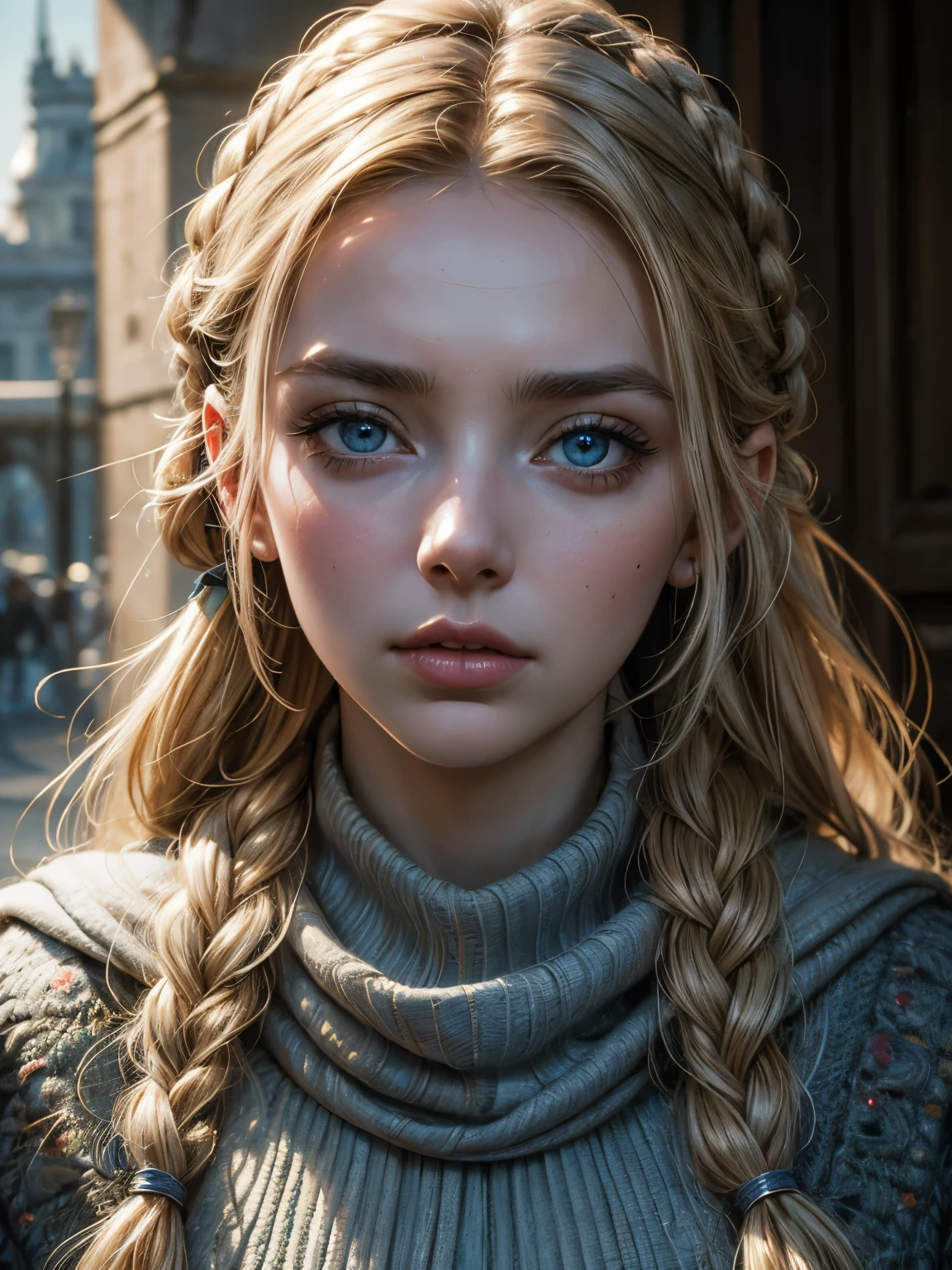 A photorealistic portrait of a young Jodie Comer, looking directly at the viewer, wide jaw, strong chin, closeup, close-up, with light makeup, Extremely detailed pale blue eyes, blonde hair in long braids, hair framing face, serious expression, one eyebrow raised, A detailed symmetrical realistic face, multicam poncho and keffiyeh, highly detailed natural texture, master piece, absurdes, extremely detailed, astonishing, fine detail, couleurs riches, Hyper realistic texture, dramatic lighting