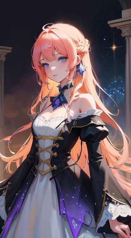 (masutepiece:1.3), (8K, Photorealistic, Raw photo, Best Quality: 1.4), Beautiful face, (Realistic face), Beautiful detailed eyes, (Realistic skin), Attractive, Intricate details,Golden ratio, 1 girl,Naughty smile, (rainbow hair:1.4),((Long twintails,Ribbon 1.4)),Gothic Lolita Fashion,(Blue butterfly hair ornament),off shoulders,Dynamic Pose,Dynamic Angle,Intricate details, Hyper realistic, Perfect Anatomy、natta、The starry sky is beautiful