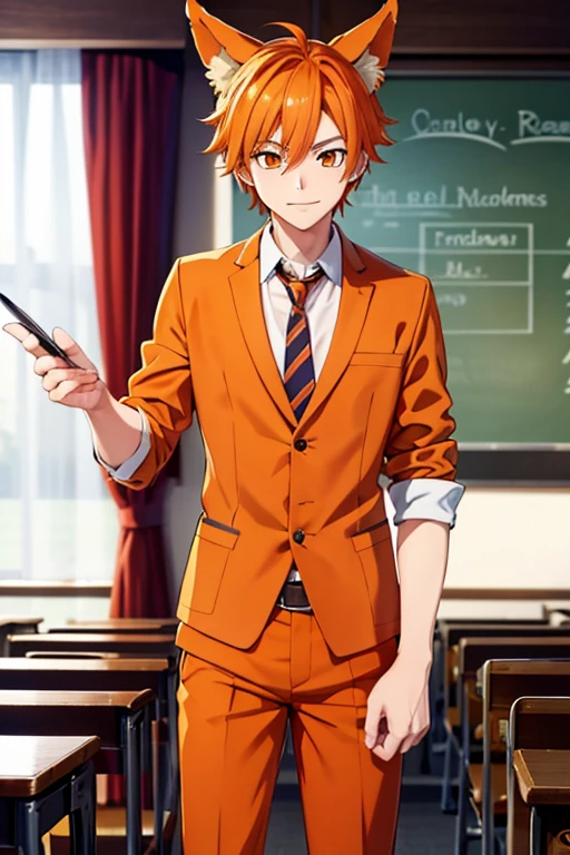 an orange haired male student with orange eyes and orange fox ears and an orange fox tail in a magical is practicing magic in front of the classroom
