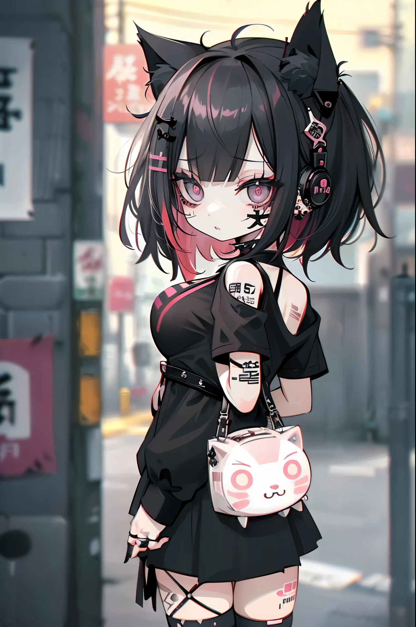 straight haired, Punk Groupirl, Without mohawk sleeves, Tattoo, Headphones, 🎧, Goth_punk, One Girl, alone, Medium Shot, Walking around Harajuku, ((at night)), Bokeh Depth of Field, Neon Light, Rainbow Eyes, Grey Eyes, red glowing hair, Black eyebrows, Radiant hair, (iridescent red hair), たくさんのイヤリンGroup, Labret, Facial piercing, 前hair, jewelry, mask, blunt 前hair, 口mask, Blurred background, Blurred, hair adornments, Look at the viewers, short hair, Portraiture, Side Look, Goth, (masterpiece), (Portraiture), (beautiful), (beautiful), (Upper Body), (high quality), (beautiful衣服), (Professional Perspective), (Rule of thirds), (feminine), (woman), (woman), (beautiful), (feminine features), (20-year-old), alone, woman1名, (Charming punk girl), Dramatic Light, ((I&#39;m playing the guitar)), (Are standing), anddgy makeup, (Huge breasts), (Front Face), (Resistance的な表情), ((Resistance)), (レザージャケットとTattoo), ((Short hair)), (dyed (and.Group. and pink) hair), (spiky hair), (Thick hair), Matte shine hair, (Hair bands scattered in the hair), (Grey Eyes), (A bold and daring look), (Pale skin), (dark colored clothes), (Band T-shirts), (Ripped jeans), (-), Crew neck), ((Urban alley background)), (Close-up shot), beautiful hands, both hands, Normal hand, Two Arms, Complete Hand, beautiful body, beautiful fingers, Normal finger, Five Fingers, Five Fingers, (Thumb Index Finger Ring Finger), beautiful ears, Normal ear, beautiful eyes, Shining Eyes, beautiful mouth, beautiful lips,