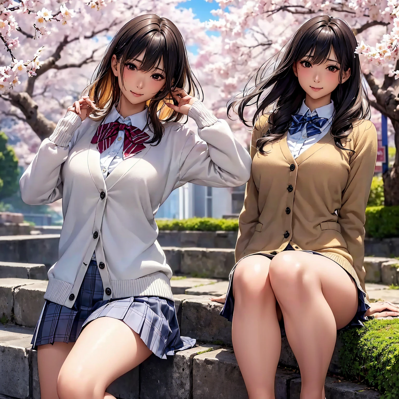 (((highest quality、masterpiece、Very high resolution、High-definition images)))、Beauty Painting、(One strong, beautiful woman:18-year-old、Beautiful body:Slender, beautiful breasts and beautiful legs、Beautiful Face:smile、eyes with strong will,Beautiful Hair)、best skin and hair texture,Realistic skin texture,realistic hair texture、(High School Uniform:White blouse:ribbon:cardigan:blazer:Plaid pleats)、Beautiful cherry blossoms並木:Stone steps、Beautiful cherry blossoms、Beautiful sky、Natural light、Beautiful views、(((The wind is blowing))),Accurate Images:1.5、Accurate anatomy:1.5、Flawless images、Perfect image、Overall image、(Best Shot、Raw photo、Photorealistic)1