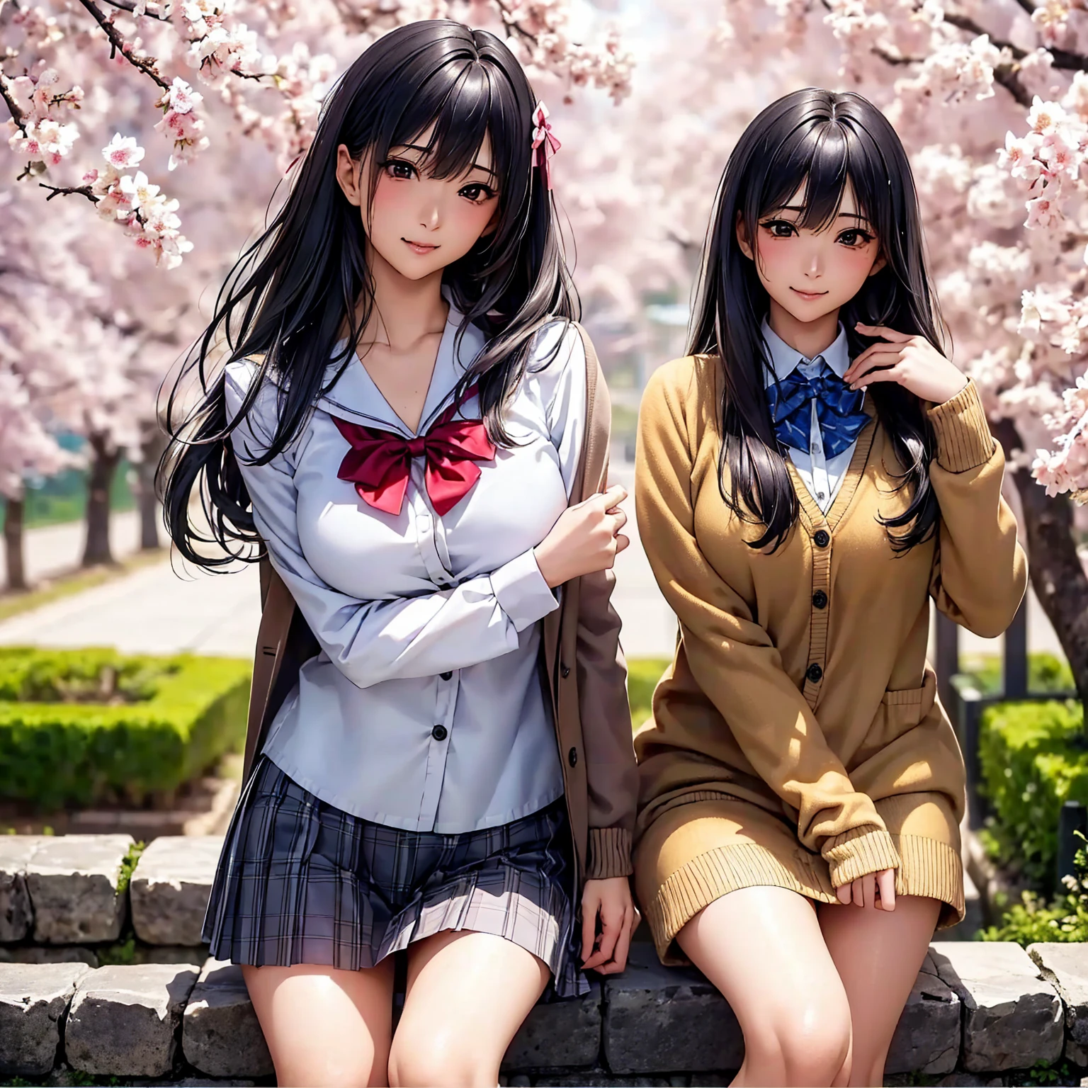 (((highest quality、masterpiece、Very high resolution、High-definition images)))、Beauty Painting、(One strong, beautiful woman:18-year-old、Beautiful body:Slender, beautiful breasts and beautiful legs、Beautiful Face:smile、eyes with strong will,Beautiful Hair)、best skin and hair texture,Realistic skin texture,realistic hair texture、(High School Uniform:White blouse:ribbon:cardigan:blazer:Plaid pleats)、Beautiful cherry blossoms並木:Stone steps、Beautiful cherry blossoms、Beautiful sky、Natural light、Beautiful views、(((The wind is blowing))),Accurate Images:1.5、Accurate anatomy:1.5、Flawless images、Perfect image、Overall image、(Best Shot、Raw photo、Photorealistic)1