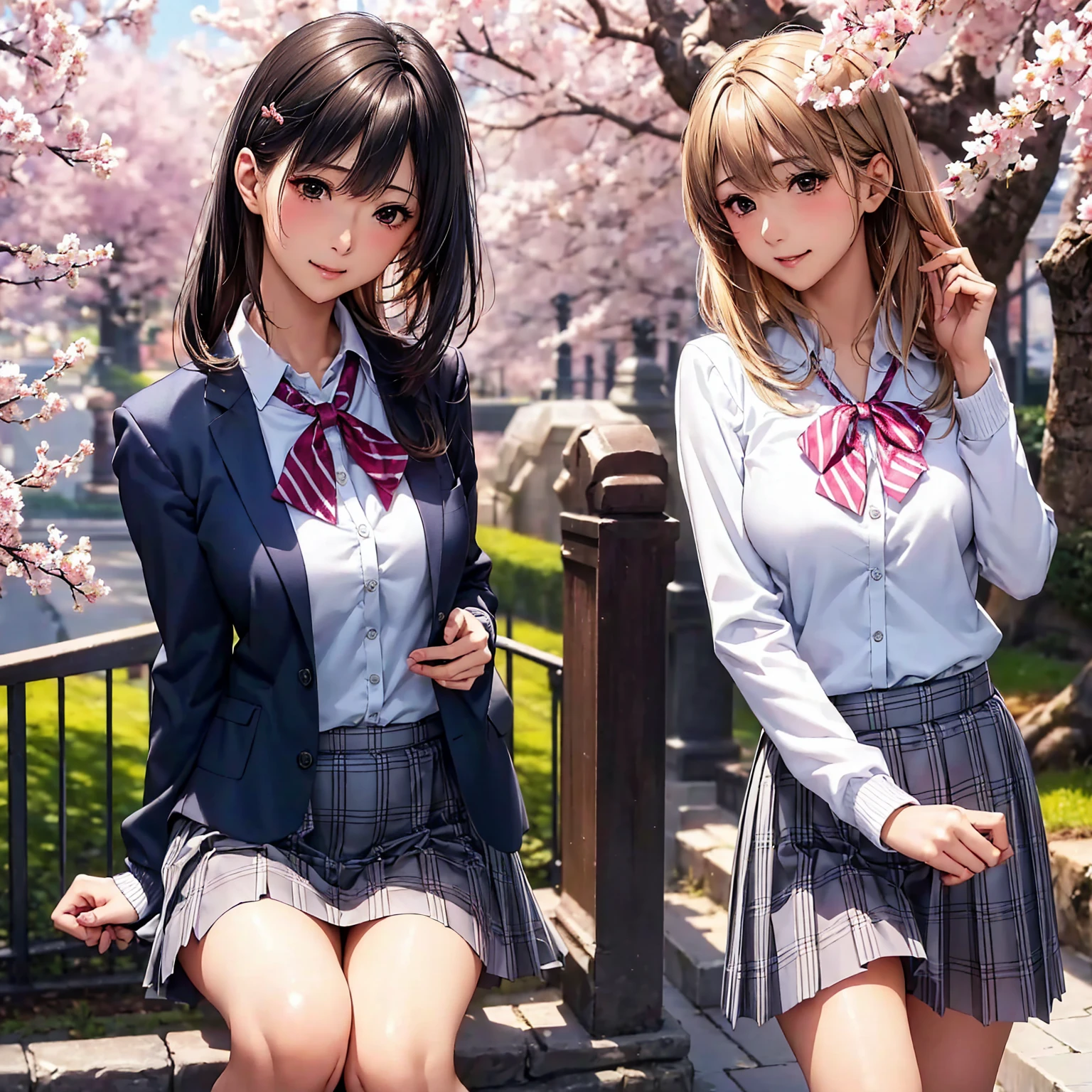 (((highest quality、masterpiece、Very high resolution、High-definition images)))、Beauty Painting、(One strong, beautiful woman:18-year-old、Beautiful body:Slender, beautiful breasts and beautiful legs、Beautiful Face:smile、eyes with strong will,Beautiful Hair)、best skin and hair texture,Realistic skin texture,realistic hair texture、(High School Uniform:White blouse:ribbon:cardigan:blazer:Plaid pleats)、Beautiful cherry blossoms並木:Stone steps、Beautiful cherry blossoms、Beautiful sky、Natural light、Beautiful views、(((The wind is blowing))),Accurate Images:1.5、Accurate anatomy:1.5、Flawless images、Perfect image、Overall image、(Best Shot、Raw photo、Photorealistic)1