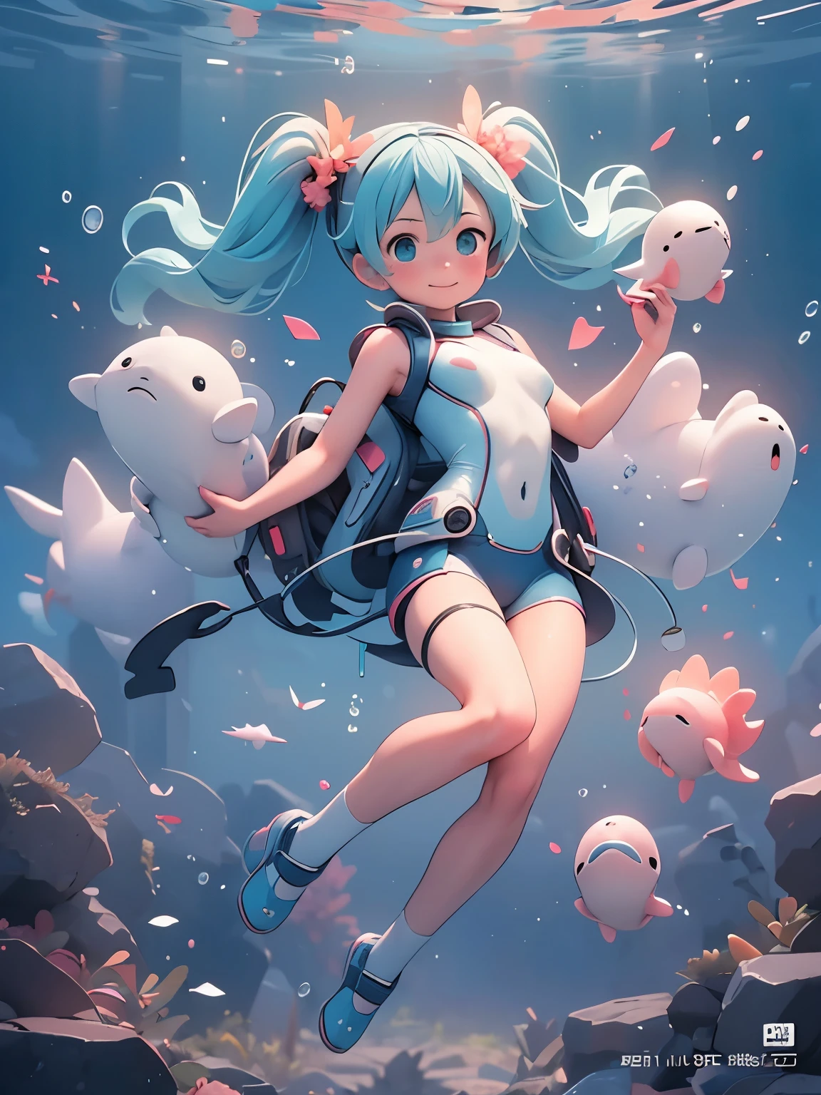 (masterpiece、highest quality、highest quality、Official Art、Beautiful and beautiful:1.2)、(One girl:1.3)Hatsune Miku、Twin tails,Big Breasts, ,swim with dolphins in the ocean,Beautiful breasts,Diving Suits,snorkel,Coral