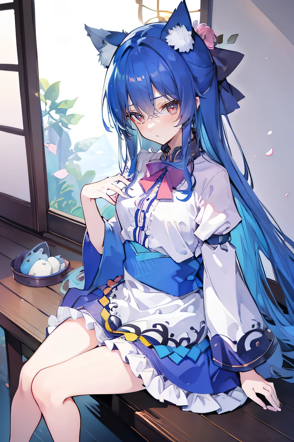 (masterpiece:1.2),ultra-detailed,realistic,expressive eyes,fair-skinned,perfectly shaped face,1girl,
Japanese cartoons,Gorgeous blue hair, flowing blue hair,floating clothes,cat ears,petals falling,beautiful Lola,Hina Angel,
hands on waist,gracefully sitting on the ground,legs crossed,gentle and serene background,cool and comfortable pavilion.
