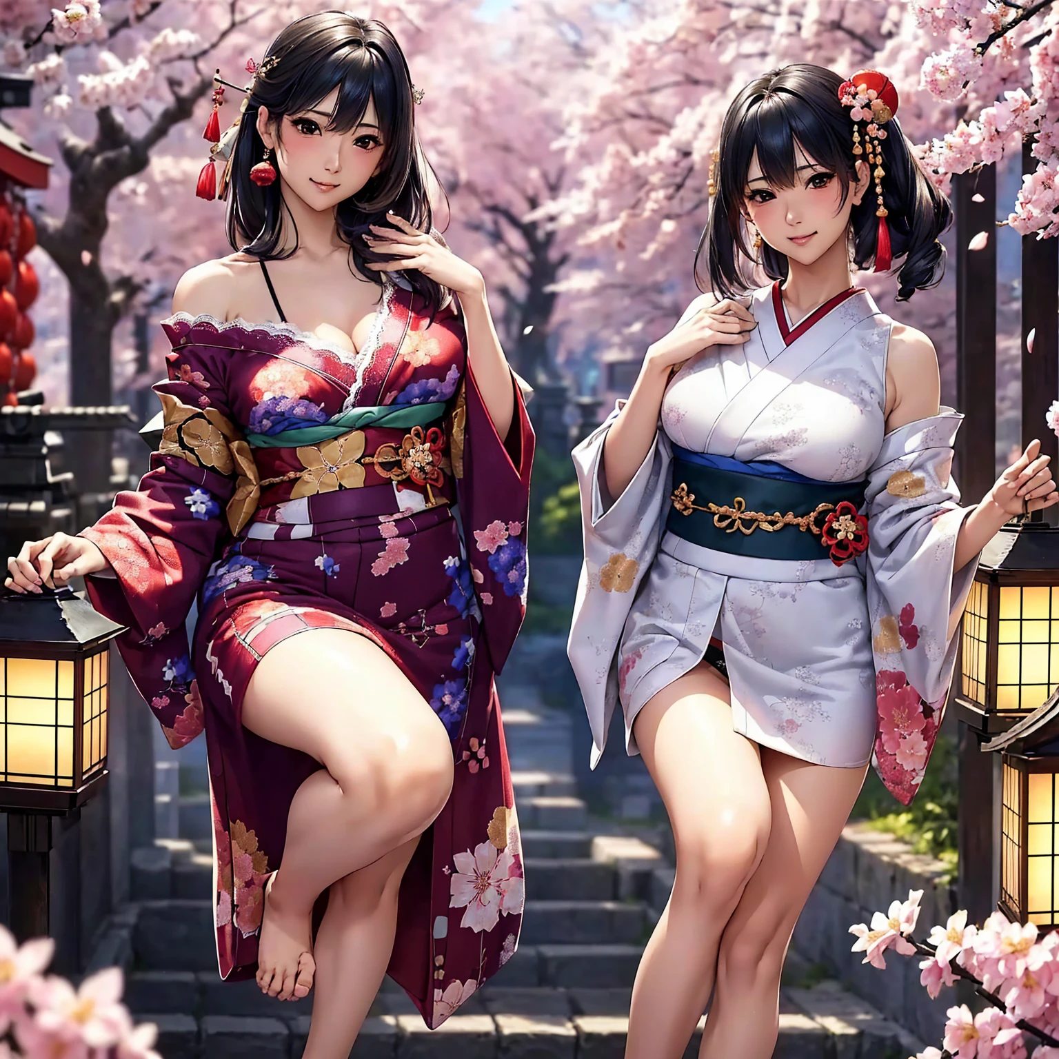 (((highest quality、masterpiece、Very high resolution、High-definition images)))、Beauty Painting、Realistic portraits、Detailed、One strong-willed beautiful girl:18-year-old、Beautiful body:Slender, beautiful breasts and beautiful legs、Beautiful Face:smile、eyes with strong will,Beautiful Hair 、best skin and hair texture,Realistic skin texture,realistic hair texture、(((Japanese Kimono:Colorful Japanese patterns:Lace bra and panties, revealing shoulders and chest)))、Beautiful waterfront:Lantern:Lantern:Wooden Japanese house、Beautiful cherry blossoms、Stone steps、Beautiful sky、Natural light、Beautiful viewodel pose:Show off your swimsuit、Beautiful pose:Show off your kimono、Model shoot、Gravure photoshoot、Yamato Nadeshiko、Kimono beauty、And dress up beauty、(((The wind is blowing))),Accurate Images:1.5、Accurate anatomy:1.5、Flawless images、Perfect image、Overall image、(Best Shot、Raw photo、Photorealistic)