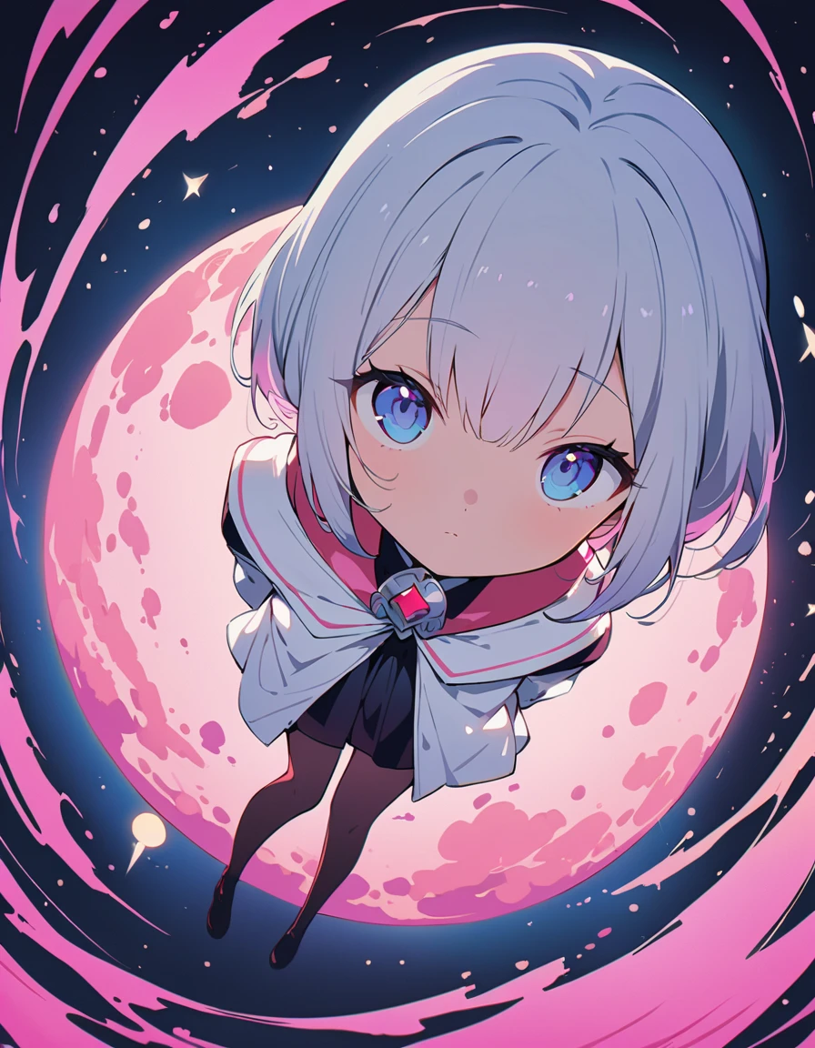 1 girl,Silver Hair、(Pink Moon:1.5、full moon)、(full moonを見ている,Looking into the distance:1.2)、Full Body、(highest quality、masterpiece、High resolution、detailed)、animeスタイル、Flat Style、(Beautiful Eyes, Delicate and beautiful face),  BREAK,floating, (High saturation), (Shine), Focus on the face, extremely detailed、(The Shining), Best lighting, Best Shadow、Fantastic midnight background、Dynamic Angle、anime