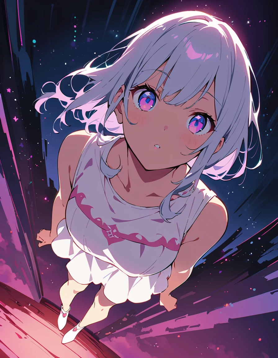 1 girl,Silver Hair、(Pink Moon:1.5、full moon)、(full moonを見ている,Looking into the distance:1.2)、Full Body、(highest quality、masterpiece、High resolution、detailed)、animeスタイル、Flat Style、(Beautiful Eyes, Delicate and beautiful face),  BREAK,floating, (High saturation), (Shine), Focus on the face, extremely detailed、(The Shining), Best lighting, Best Shadow、Fantastic midnight background、Dynamic Angle、anime
