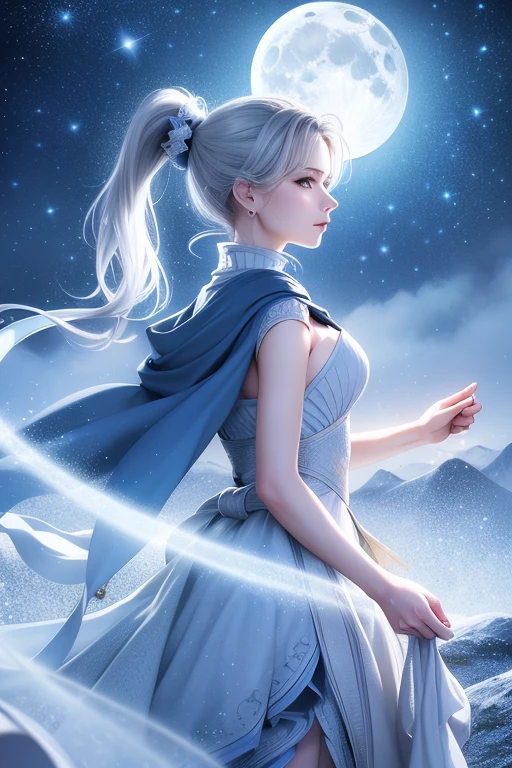 masterpiece, (highest quality: 1.2), (Super quality: 1.2), figure, (Very delicate and beautiful: 1.2), Film Angle, floating, (Beautiful detailing: 1.1), (Detail Light: 1.1), Film Light, delicate sky, woman, Gray Hair, blue eyes, (High Ponytail: 1.1), Cape, Glowing Eyes, (moon: 1.2), (moonlight: 1.1), Starry Sky, (Particles of light: 1.1), fog , Snow Painting, sketch, flowering