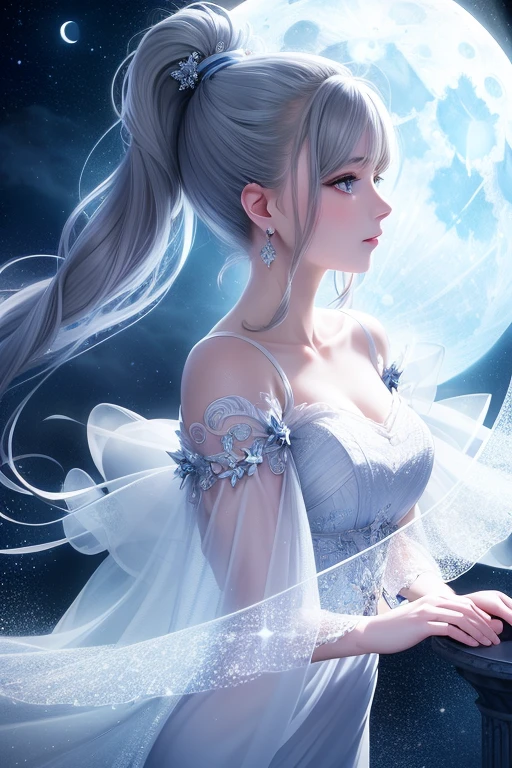 masterpiece, (highest quality: 1.2), (Super quality: 1.2), figure, (Very delicate and beautiful: 1.2), Film Angle, floating, (Beautiful detailing: 1.1), (Detail Light: 1.1), Film Light, delicate sky, woman, Gray Hair, blue eyes, (High Ponytail: 1.1), Cape, Glowing Eyes, (moon: 1.2), (moonlight: 1.1), Starry Sky, (Particles of light: 1.1), fog , Snow Painting, sketch, flowering