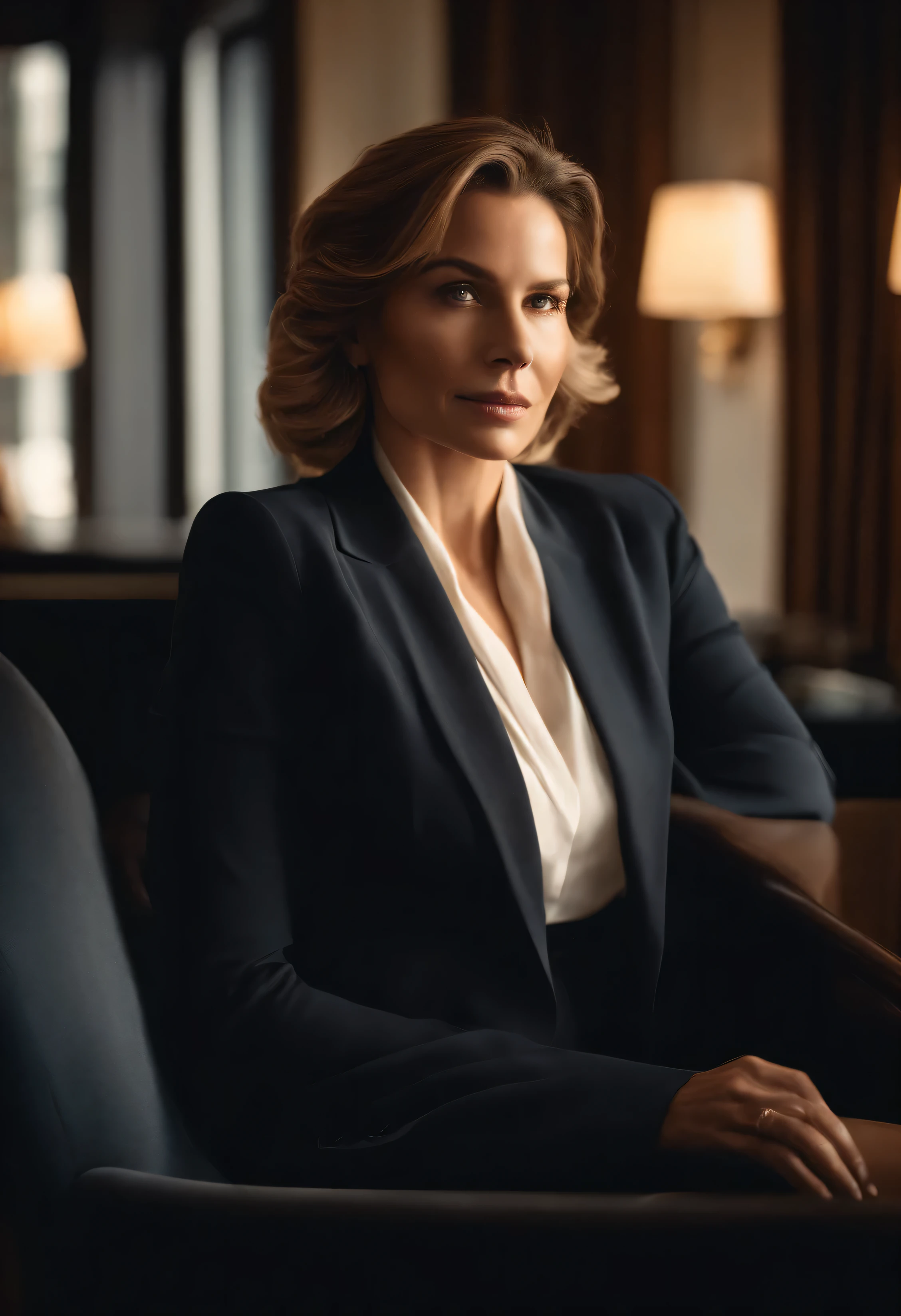 a cinematic portrait of an elegant executive woman sitting in a stylish London office. A luz solar suave ilumina graciosamente o rosto e o cabelo dos sujeitos, casting a dreamlike glow.