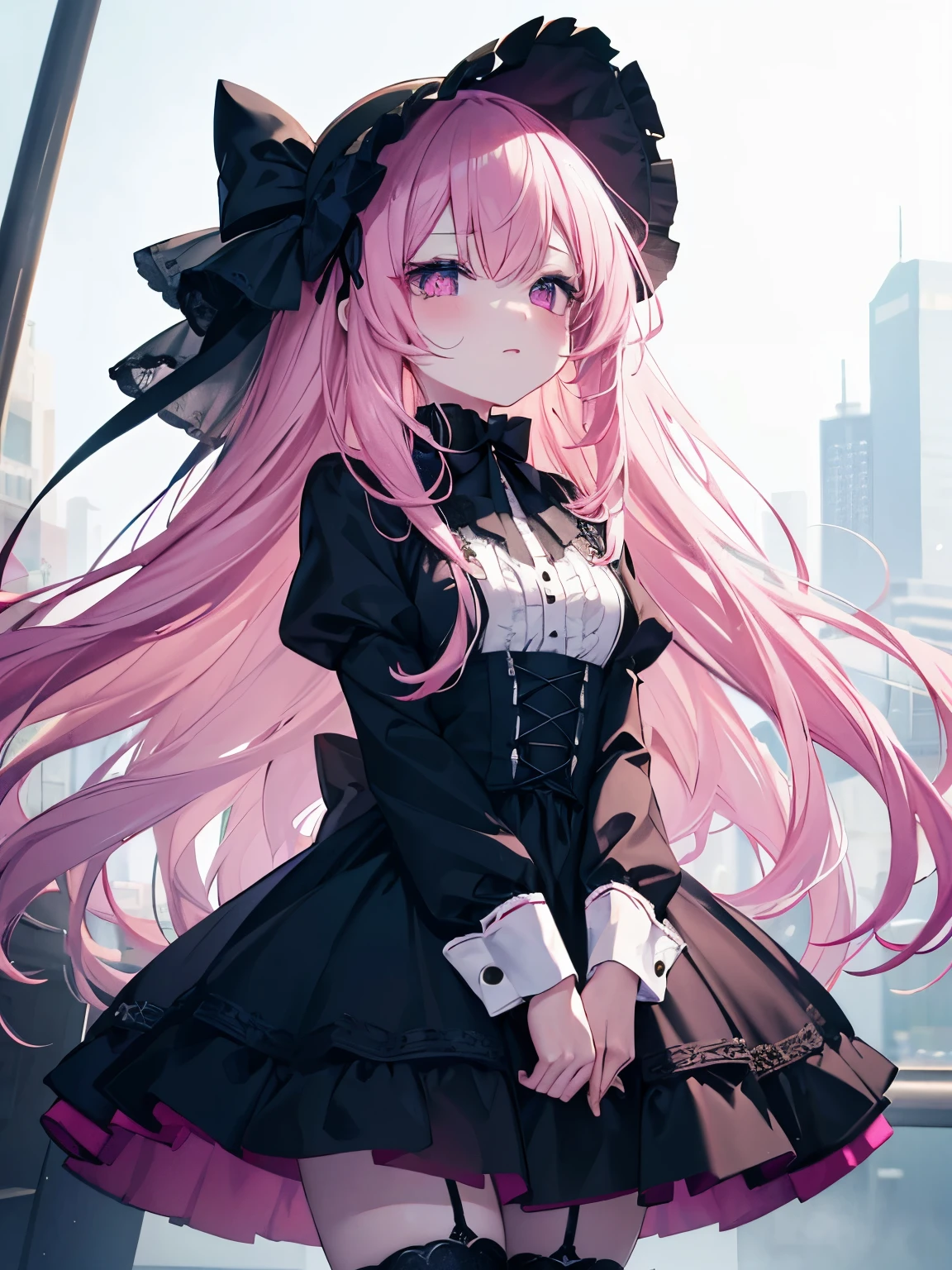 masutepiece, Highest Quality, (Perfect face:1.1), (high detailing:1.1), (ultradetailed eyes), Dramatic, superfine illustration, Extremely detailed,1girl in, ager,(pale skin), Happy, Laugh, Enjoy,gloweyes,long pinkhair,pink eyes,Ethereal eyes,open mouth, Simple eyes,Solo,Pouty lips,Cinematic lighting,cowboy shot,looking up,Long sleeve,Gothic lolifrilld, bow ribbon,knee high socks