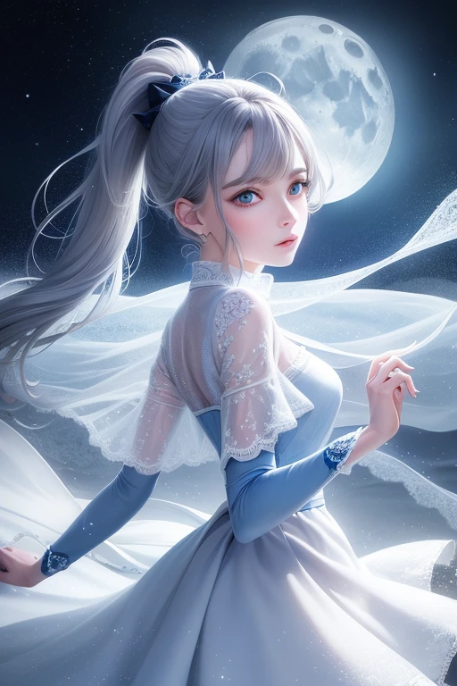 masterpiece, (highest quality: 1.2), (Super quality: 1.2), figure, (Very delicate and beautiful: 1.2), Film Angle, floating, (Beautiful detailing: 1.1), (Detail Light: 1.1), Film Light, delicate sky, woman, Gray Hair, blue eyes, (High Ponytail: 1.1), Cape, Glowing Eyes, (moon: 1.2), (moonlight: 1.1), Starry Sky, (Particles of light: 1.1), fog , Snow Painting, sketch, flowering