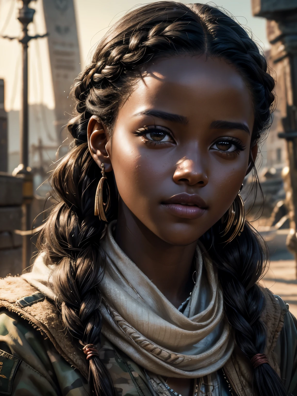 A photorealistic portrait of a young Lupita Nyongo, looking directly at the viewer, wide jaw, strong chin, closeup, close-up, with light makeup, Extremely detailed eyes, hair hanging loose in long skinny braids, hair framing face, serious expression, one eyebrow raised, A detailed symmetrical realistic face, multicam military jacket and keffiyeh, highly detailed natural texture, master piece, absurdes, extremely detailed, astonishing, fine detail, couleurs riches, Hyper realistic texture, dramatic lighting