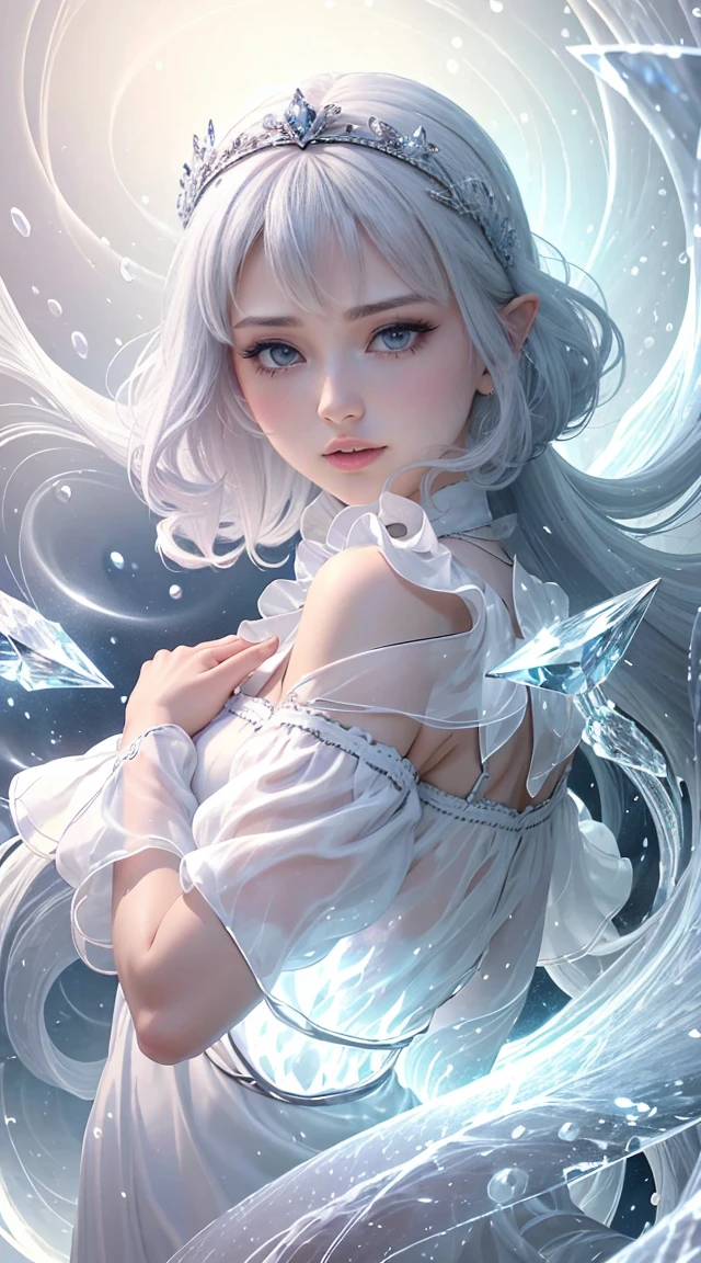 （masterpiece，quality，Optimal，Official Art，beautifully、aesthetic，exposed for a long time：1.2），Smooth movement，Attractive patterns， 1 girl，（Long Skirt with Sleeves：1.3），(((White clothes)))，Upper body close-up，No shoulders，chinese girl，Blush Lash，Black lob hair， Sports Late，solo，Upper body，stare at the observer，Detailed Background，Detailed face，(Crystal AI, Crystal theme:1.1)，Elemental Wind Elf，Swirl風，Controlling the Wind，White crystal clothes，Dynamic Pose，Suspended particles，Spiritual Power，Swirl，Vaporous，Whirlwind in the background，White Tone，Swirl，Mysterious atmosphere，