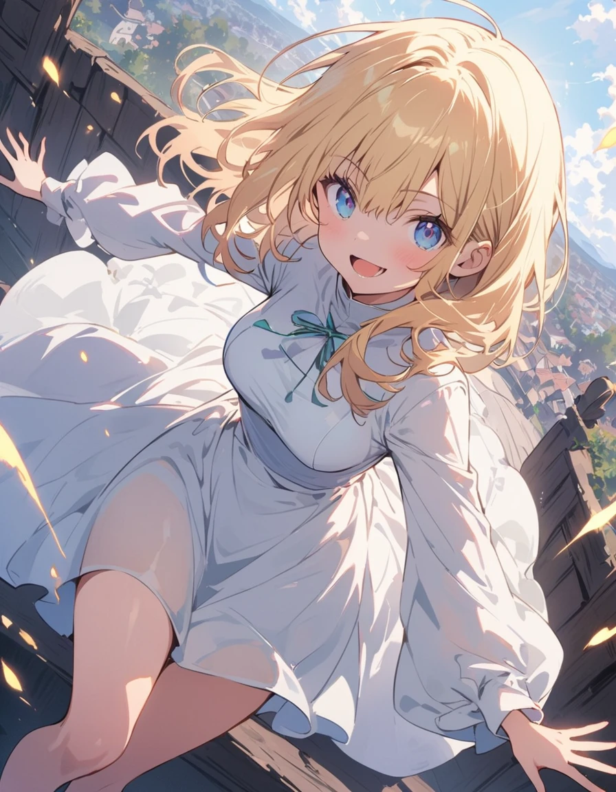 (非常にdetailedな 、 8k wallpaper,masterpiece, highest quality, 非常にdetailedな),(Best lighting, Best Shadow, Very delicate and beautiful),floating,(Beautiful woman、Blonde Hair、Sister clothes)、(Nuns:1.3)、(Costume with slits)、(Thighs)、(Flying kick towards the audience:1.4)、Smiling、(highest quality、masterpiece、High resolution、detailed)、animeスタイル、Flat Style,Beautiful Eyes, Delicate and beautiful face, BREAK,extremely detailed、Dynamic Angle、anime、fullbody、action、Western