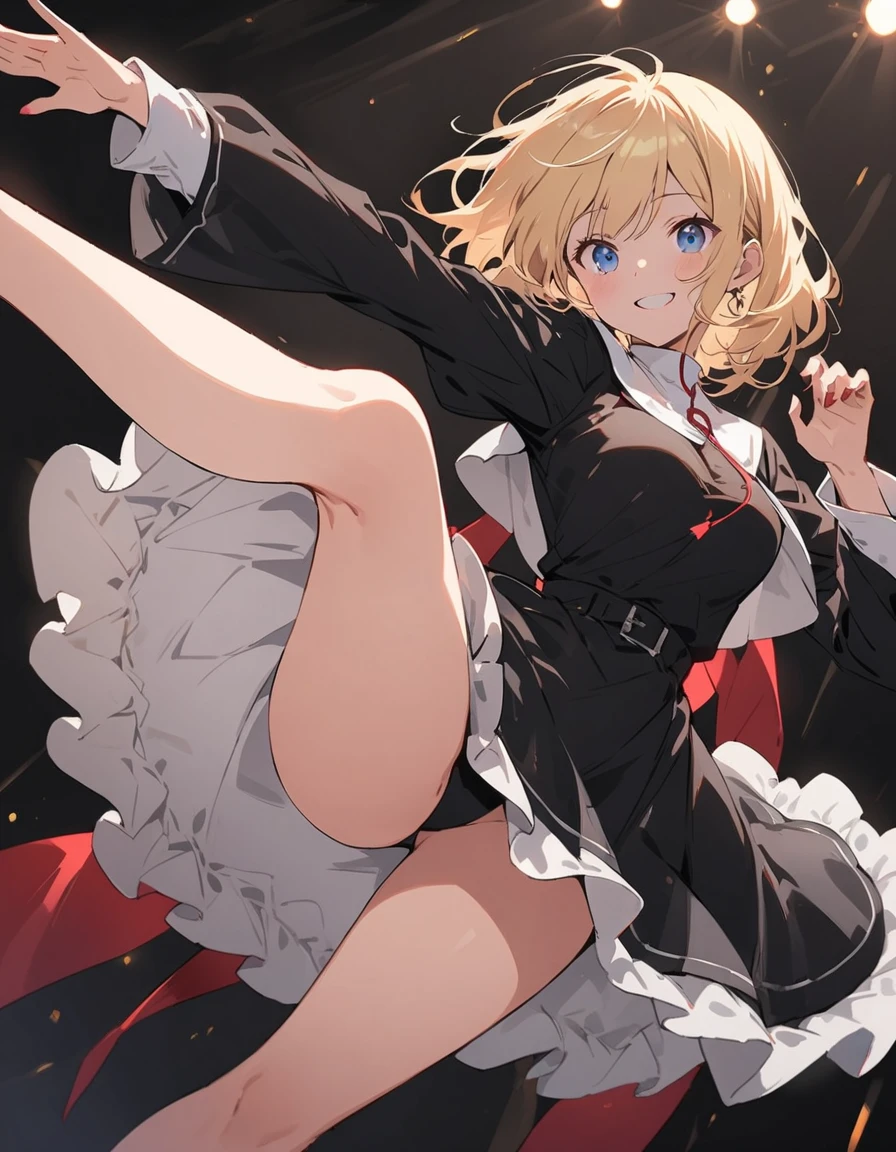 (非常にdetailedな 、 8k wallpaper,masterpiece, highest quality, 非常にdetailedな),(Best lighting, Best Shadow, Very delicate and beautiful),floating,(Beautiful woman、Blonde Hair、Sister clothes)、(Nuns:1.3)、(Costume with slits)、(Thighs)、(Flying kick towards the audience:1.4)、Smiling、(highest quality、masterpiece、High resolution、detailed)、animeスタイル、Flat Style,Beautiful Eyes, Delicate and beautiful face, BREAK,extremely detailed、Dynamic Angle、anime、fullbody、action、Western