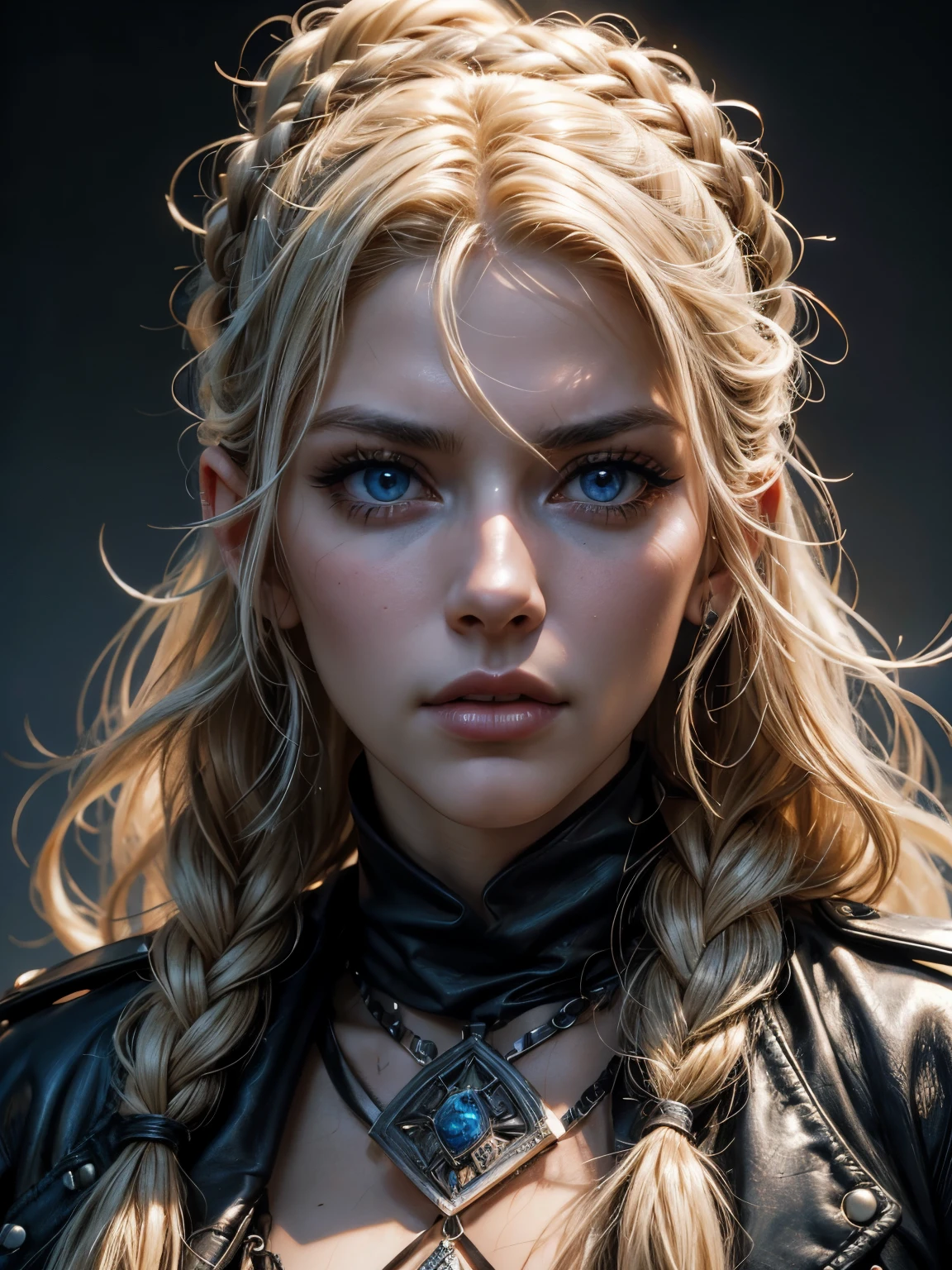 A fiercely proud Nordic girl stands, her presence exuding unwavering strength. Her blonde braids cascade down her back, framing a face marked by determination and resilience. This stunning portrait captures her piercing blue eyes, reflecting the icy landscapes of her homeland. The intricate details of her embroidered Viking armor and fur-lined cloak speak of her warrior spirit. This high-quality painting seamlessly combines power and grace, drawing the viewer into the captivating story of a fierce Nordic warrior princess. playful body manipulations, divine proportion, non-douche smile, gaze into the camera, holographic shimmer, whimsical lighting, enchanted ambiance, soft textures, imaginative artwork, ethereal glow, silent Luminescence, whispering Silent, iridescent Encounter, vibrant background, by Skyrn99, full body, (((rule of thirds))), high quality, high detail, high resolution, (bokeh:2), backlight, long exposure:2