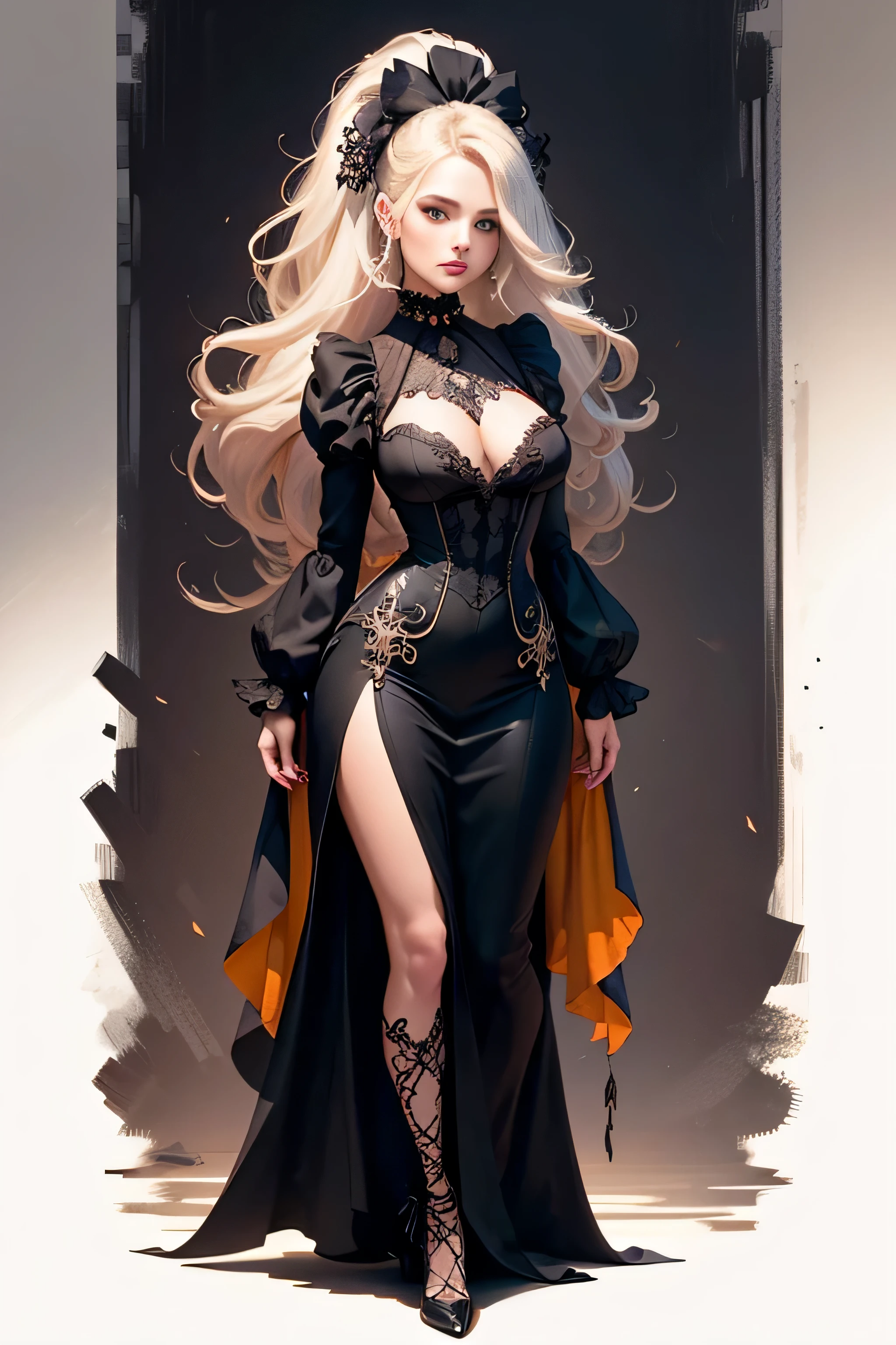 Create an extravagant full-body portrayal of a woman in Gothic style, emphasizing the "woman" theme. The design should feature Gothic elements such as lace, ribbons, and Victorian details, showcasing an elegant and intricate style. Utilize a color palette of black, white, and pastel tones to capture the unique Gothic aesthetic. The design must be eye-catching, with the woman centered in the image against a white background. She should fit well within the space, ensuring she does not touch the edges of the canvas. No text should be included in the image.
