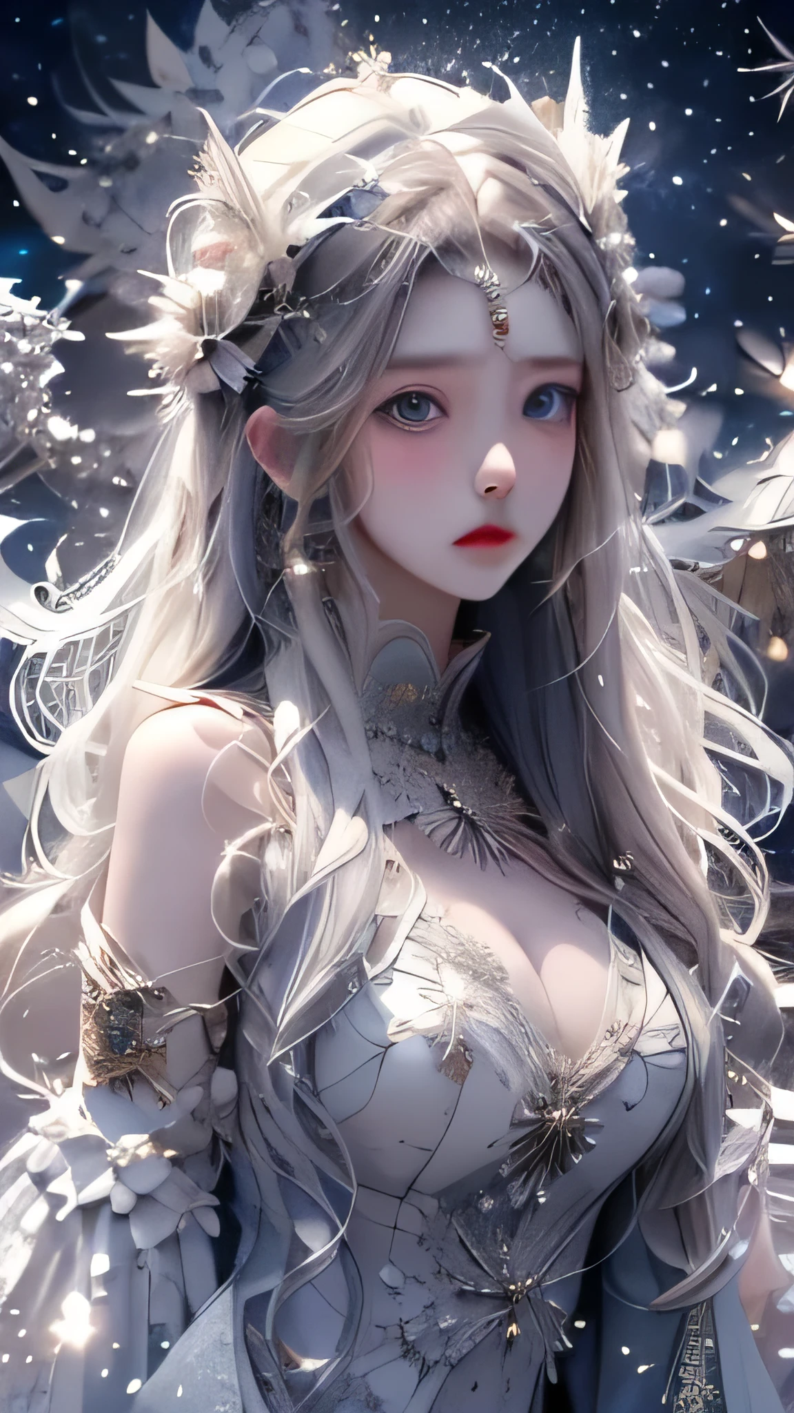 (Starry sky with the moon、Beautiful night sky:1.2), ((masterpiece)), (detailed:1.4)、(heavyfall, snowfall in background),Realistic、 beautiful woman images,High resolution(High Dynamic Range),Ray Tracing,NVIDIA,Super Resolution,PBR Textures,Post-processing,Anisotropic Filtering,Maximum depth of field resolution and crisp layered textures,Albedo and Specular Maps,Surface Shading,Accurate simulation of material interactions,Perfect balance,Rendering with Octane,2-color light,Large Diameter,Low ISO,White balance,Rule 3 points、8K raw data、Backlight、dancing woman、Beautiful white and shining skin、White hair that changes with the light、Long bangs obstruct the view、Highlights of cheek luster、Sexy and very beautiful and lovely face、The most beautiful face in the world、Super long and gorgeous white hair、Smooth straight hair、White hair blowing in the wind、big, Sparkling light blue eyes、Beautiful Bangs、Beautiful cute girl 25 years old、Great cleavage,From the knee up,Dynamic pose