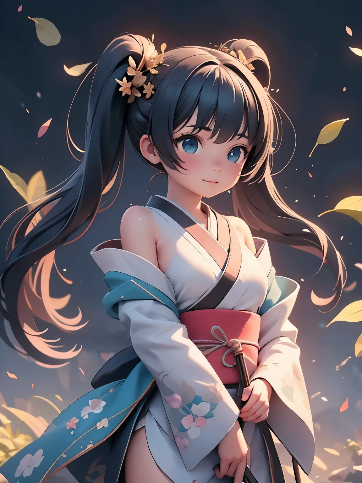 (masterpiece、最high quality、最high quality、Official Art、Beautiful and beautiful:1.2)、(One girl:1.3)Hatsune Miku、Twin tails,Big Breasts, ,One Female Samurai, Stance for battle, Pulling the sword out of the sheath in her hand, Ready for battle, wearing a samurai costume (kimono) (Bamboo forest wind), (The wind lifted the leaves), Cut her shoulder ( High skin detail: 1.2), 8K Ultra HD, Single-lens reflex camera, Soft lighting, high quality、Anime Style、Little