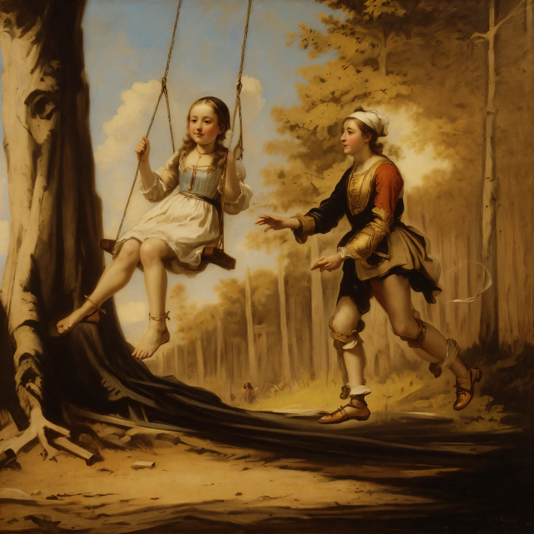 Joyful antique classical painting of a young woman on a swing and a knight, en el bosque , estilo Rembrandt