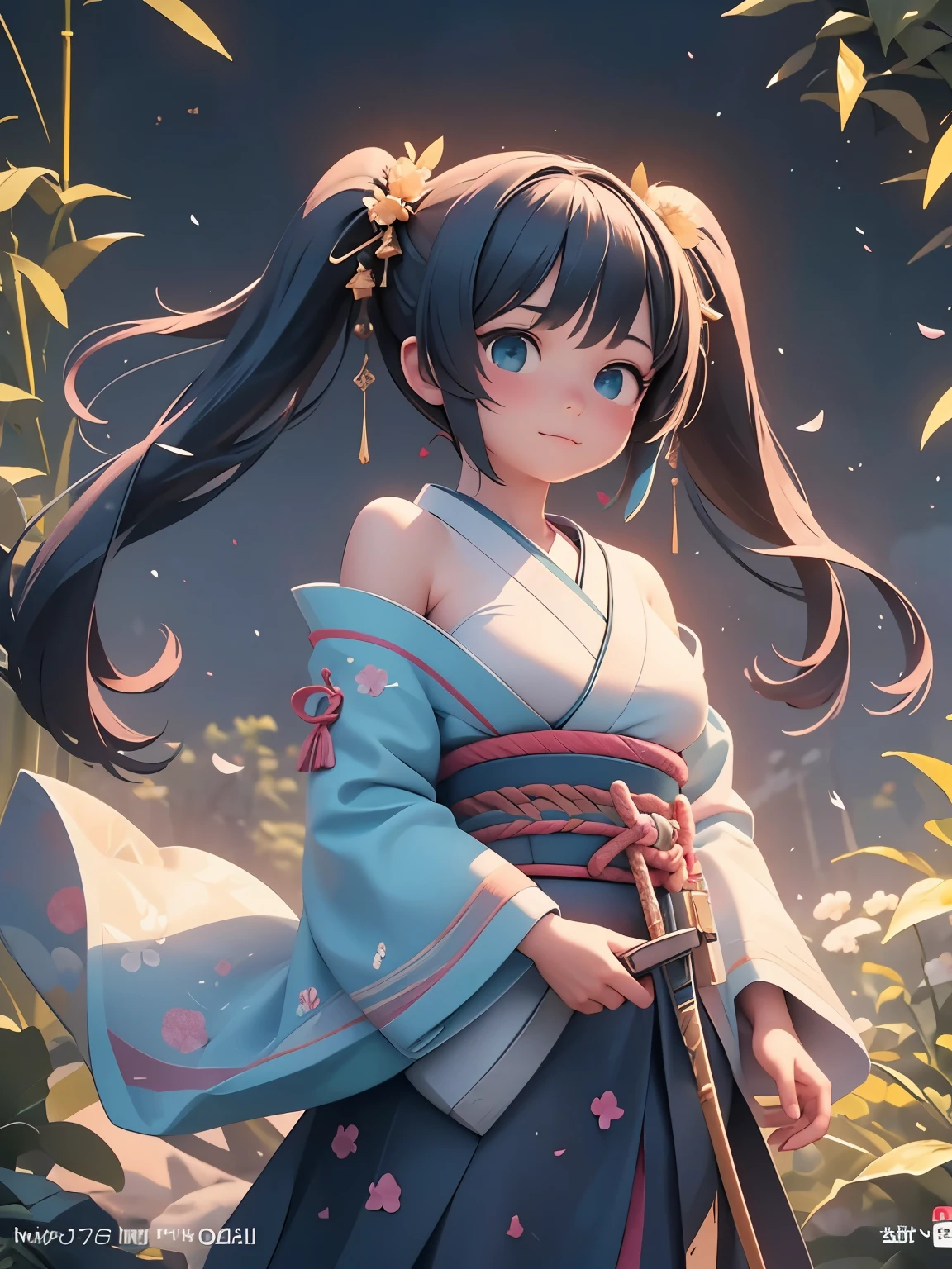 (masterpiece、最high quality、最high quality、Official Art、Beautiful and beautiful:1.2)、(One girl:1.3)Hatsune Miku、Twin tails,Big Breasts, ,One Female Samurai, Stance for battle, Pulling the sword out of the sheath in her hand, Ready for battle, wearing a samurai costume (kimono) (Bamboo forest wind), (The wind lifted the leaves), Cut her shoulder ( High skin detail: 1.2), 8K Ultra HD, Single-lens reflex camera, Soft lighting, high quality、Anime Style、Little