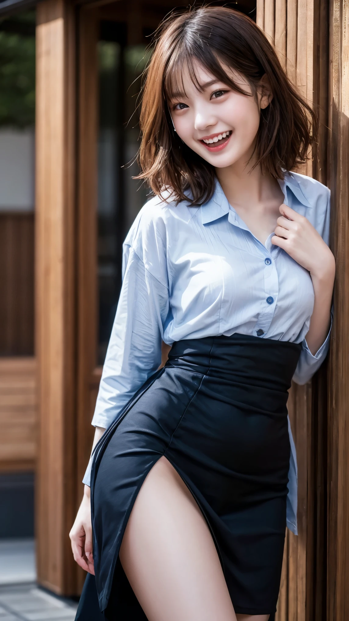 highest quality、4K quality、Leaning against a wall、男に抱かれるslenderな若い女性、Small face、18-year-old、slender、A kimono with a wide open chest、Laughing with your mouth open（1.3）、Model-like exposed legs、Small breasts are visible、High definition skin、Small and thin breasts、open crotch