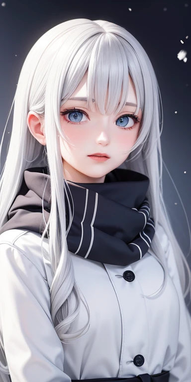 anime Gray-haired少女 and blue scarf in the snow, Flowing white hair, Gray-haired少女, White long hair, of long white hair, beautiful anime portrait, Gray-haired, Gray-haired lady, Soft anime illustration, perfect Gray-haired girl, Beautiful young wind spirit, Heavenly Beauty, white and pale blue tones,, Gray-haired deity, White hair floating in the air